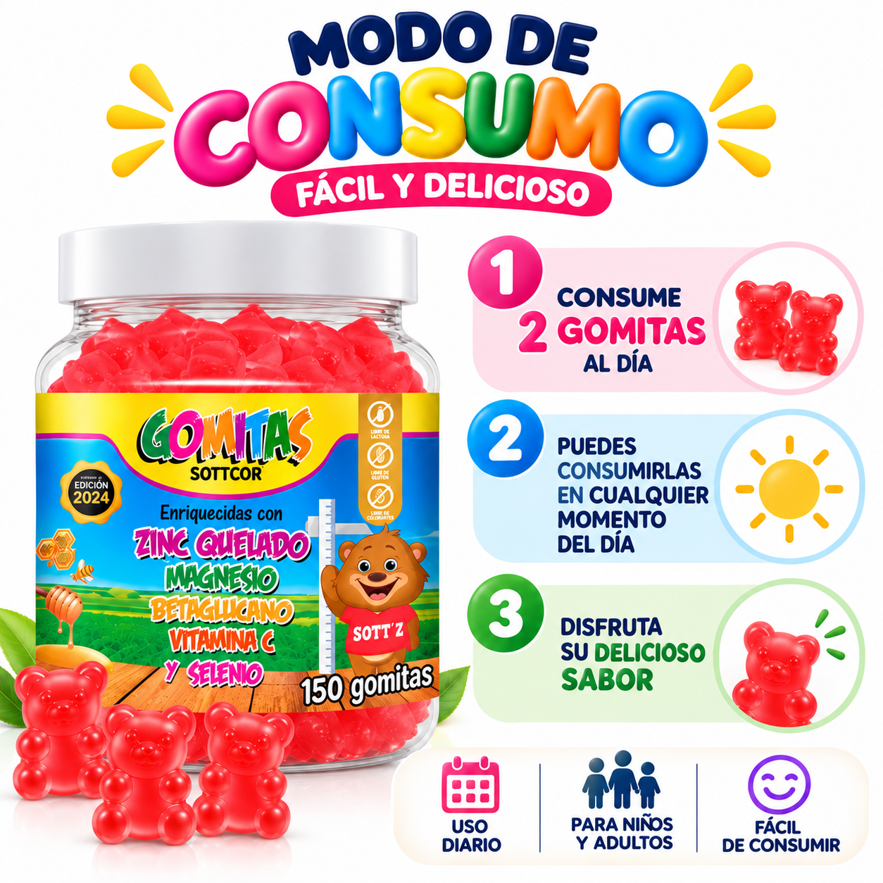 PACK 3 GOMITAS ZINC QUELADO PARA NIÑOS SOTTCOR LABS 450 UNIDADES - 4