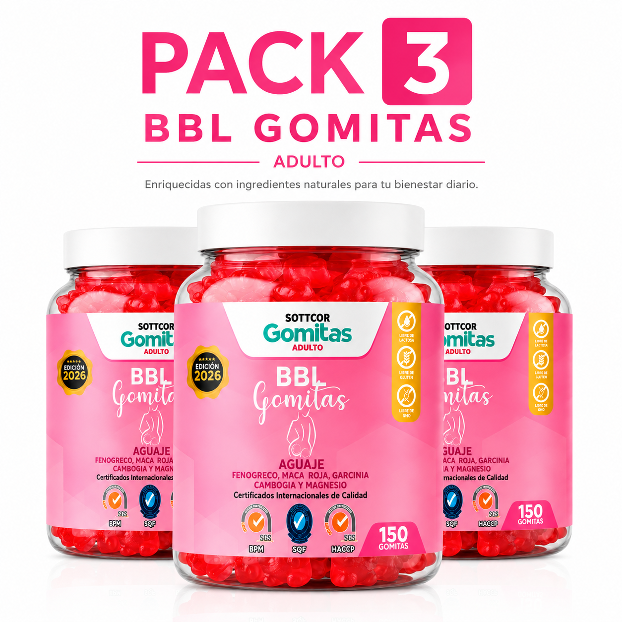 PACK 3 GOMITAS DE AGUAJE BBL ADULTOS SOTTCOR LABS 150 UNIDADES - 1