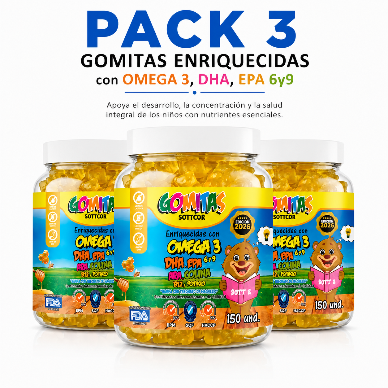 PACK 3 GOMITAS OMEGA 3 PARA NIÑOS SOTTCOR LABS 150 UNIDADES - 1