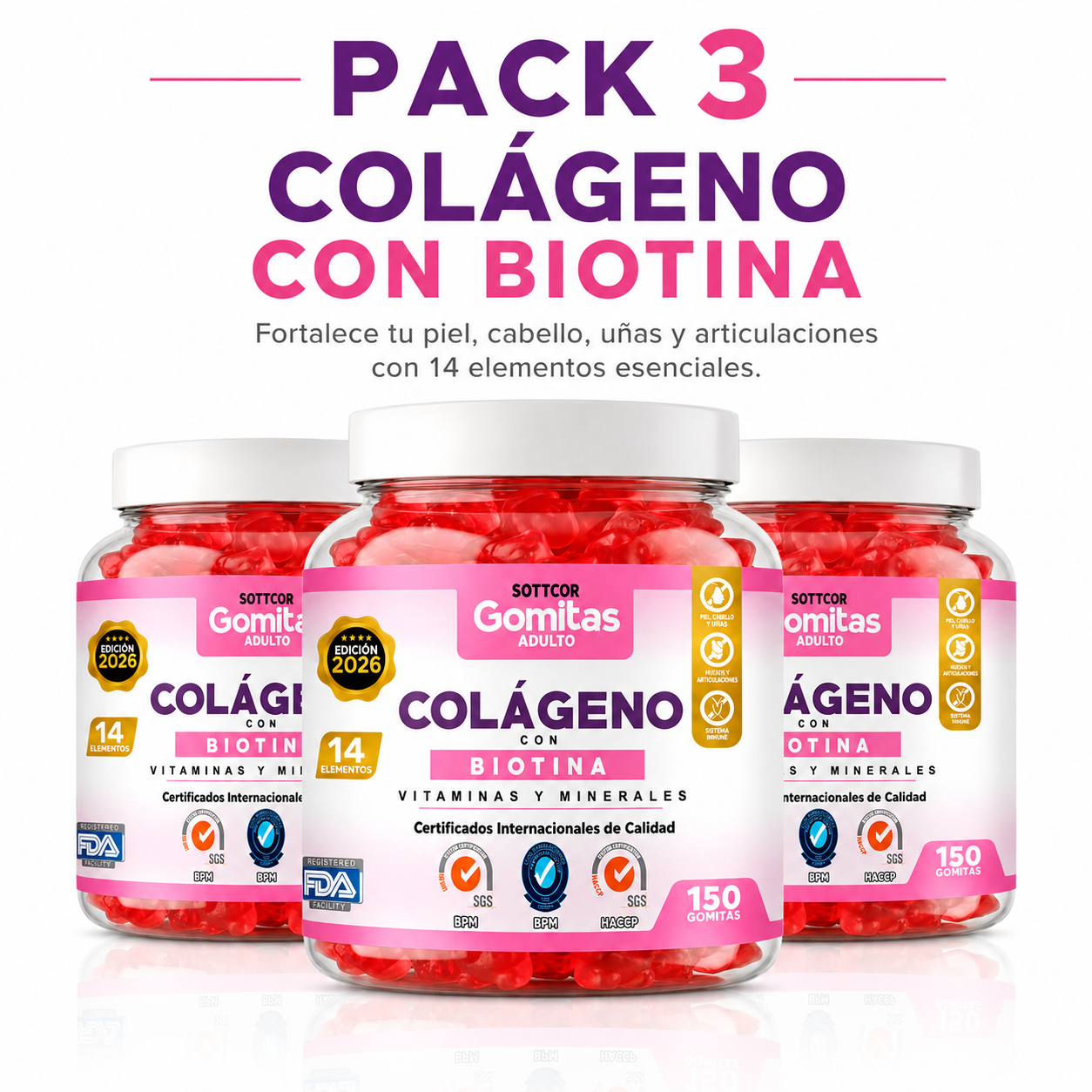PACK 3 GOMITAS DE COLÁGENO PARA ADULTOS SOTTCOR LABS 150 UNIDADES - 1