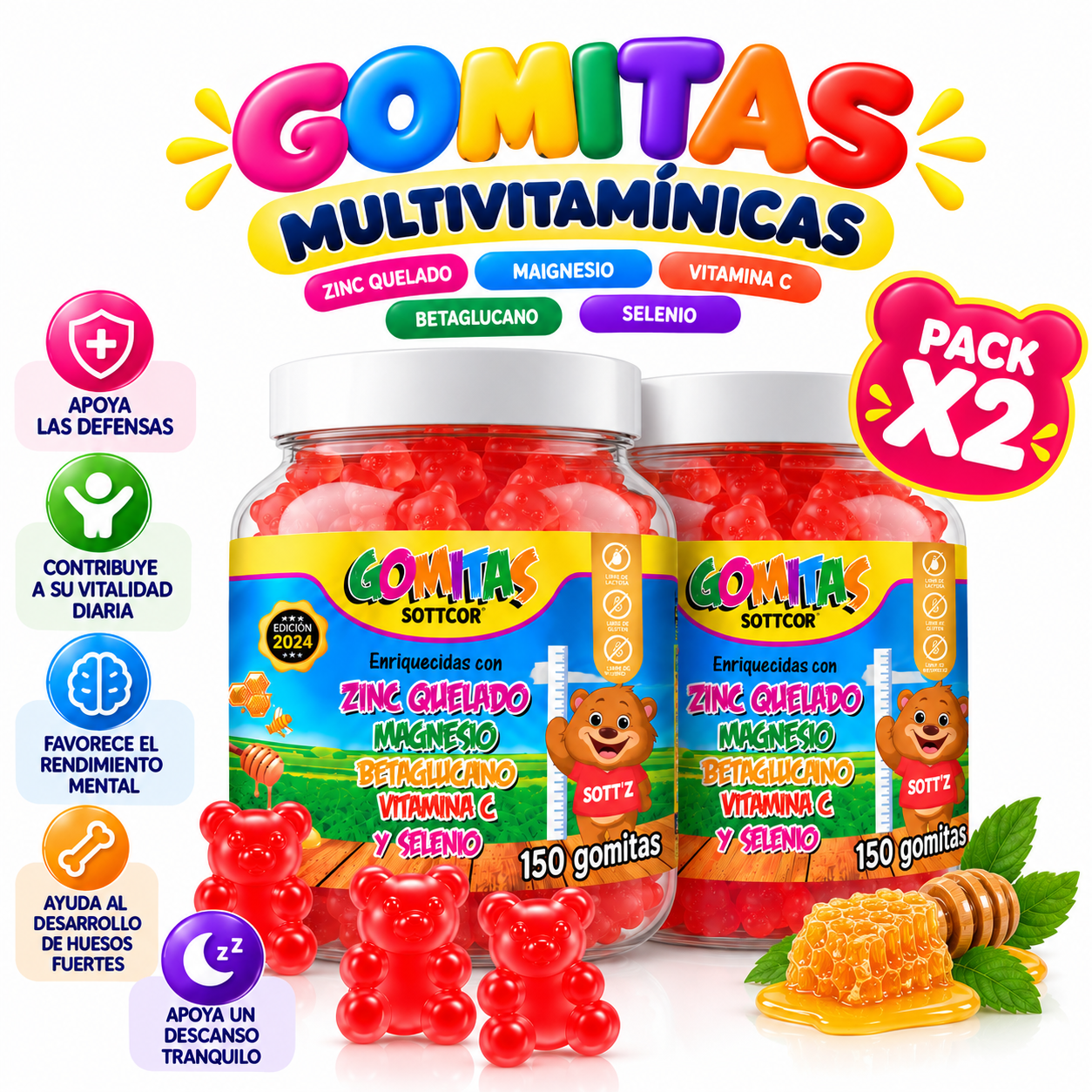 PACK 2 GOMITAS ZINC QUELADO PARA NIÑOS SOTTCOR LABS 300 UNIDADES - 1