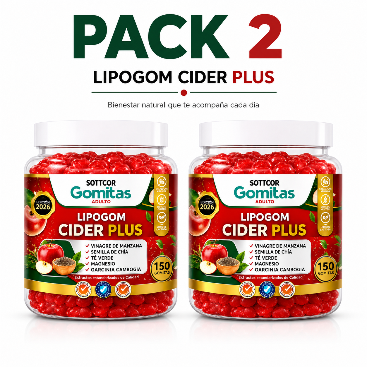PACK 2 GOMITAS LIPOGOM CIDER PLUS PARA ADULTOS 300 GOMITAS SOTTCOR LABS - 1
