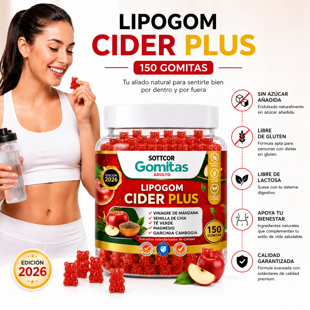 PACK 2 GOMITAS LIPOGOM CIDER PLUS PARA ADULTOS 300 GOMITAS SOTTCOR LABS - 2