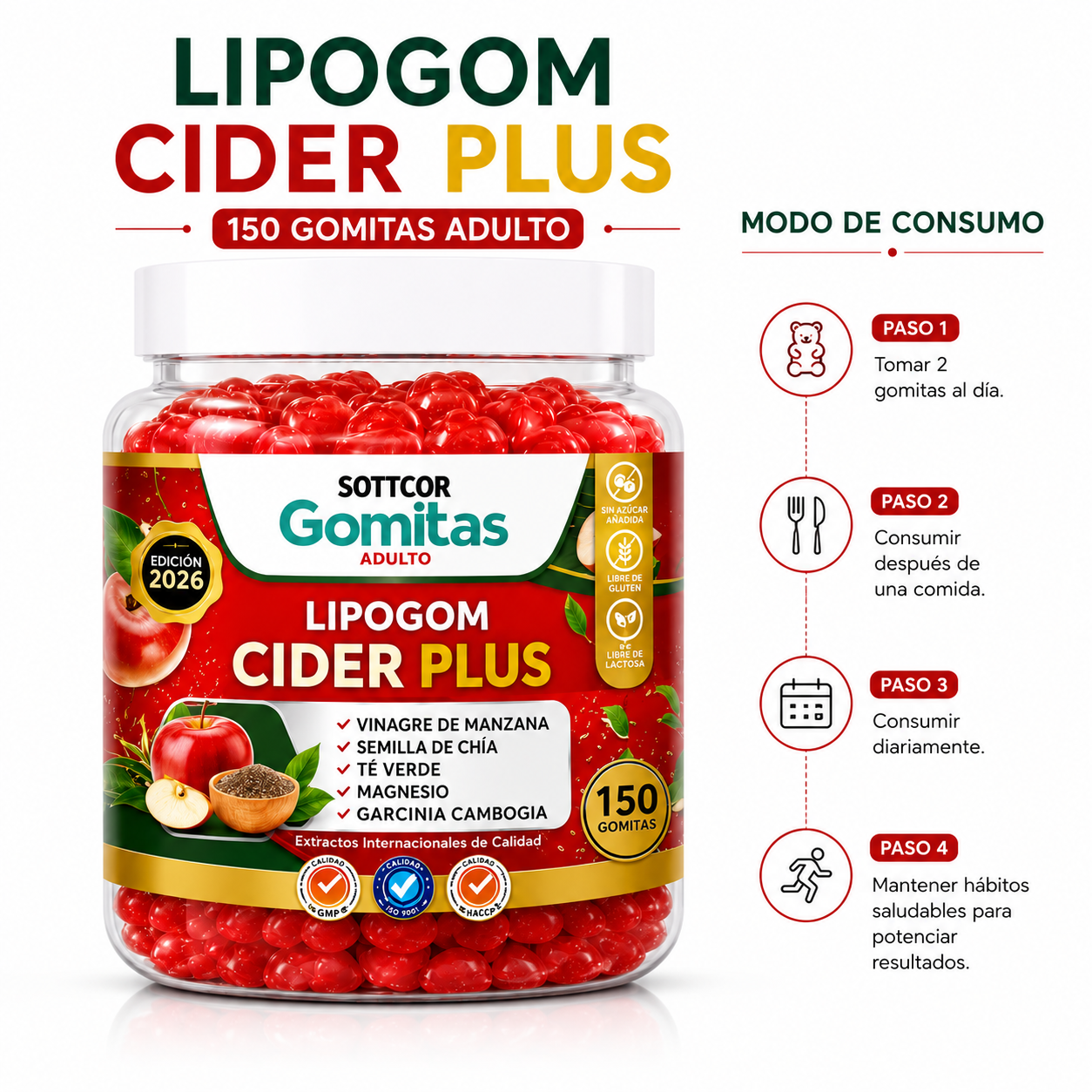 PACK 2 GOMITAS LIPOGOM CIDER PLUS PARA ADULTOS 300 GOMITAS SOTTCOR LABS - 3