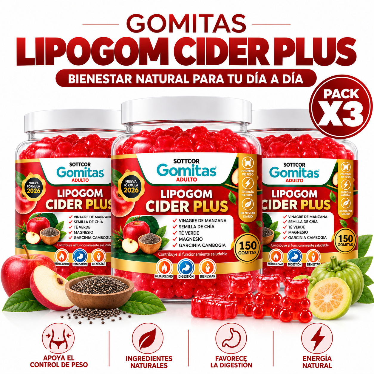 PACK 3 GOMITAS LIPOGOM CIDER PLUS PARA ADULTOS 450 GOMITAS SOTTCOR LABS - 1