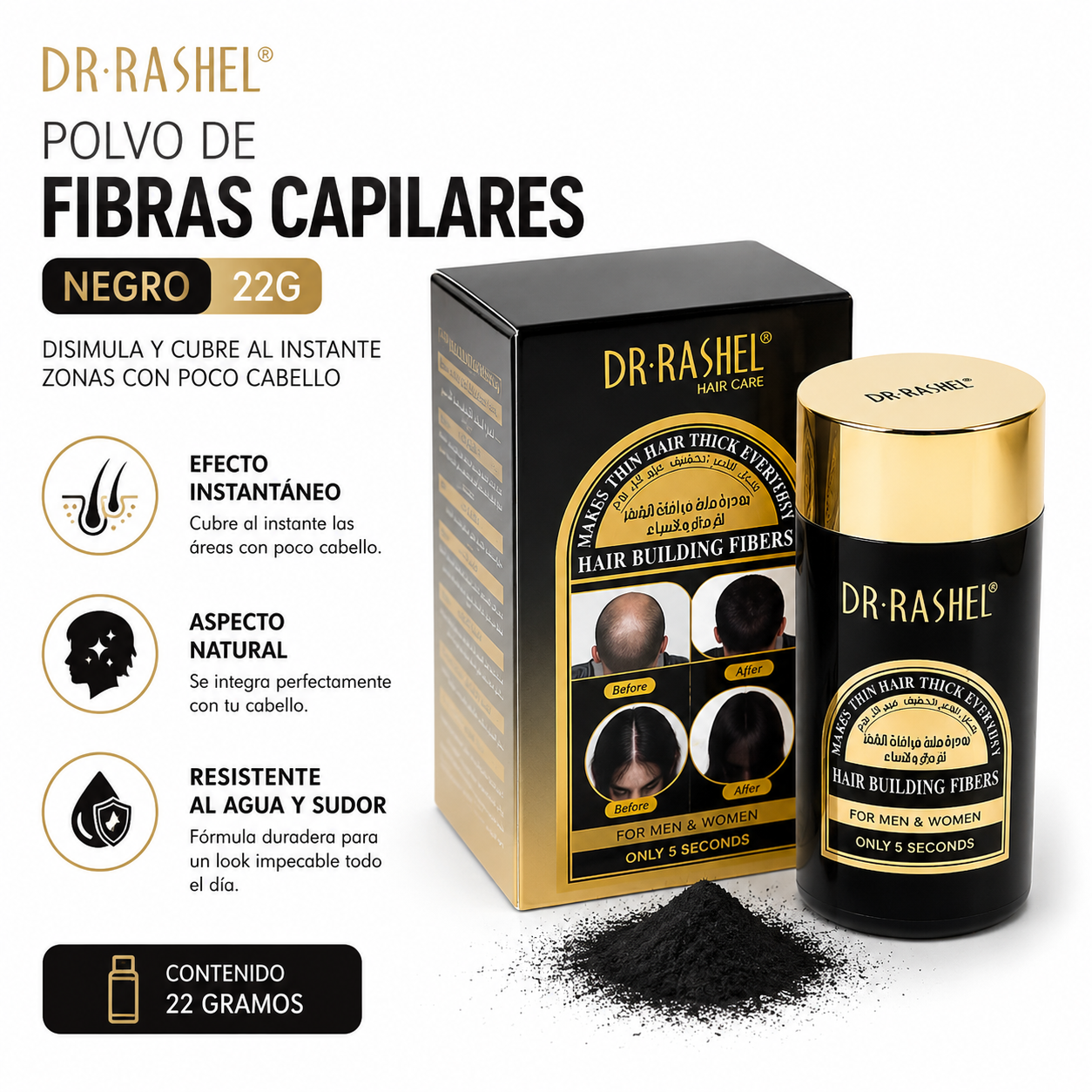 POLVO DE FIBRAS CAPILARES NEGRO 22G DR RASHEL - 1