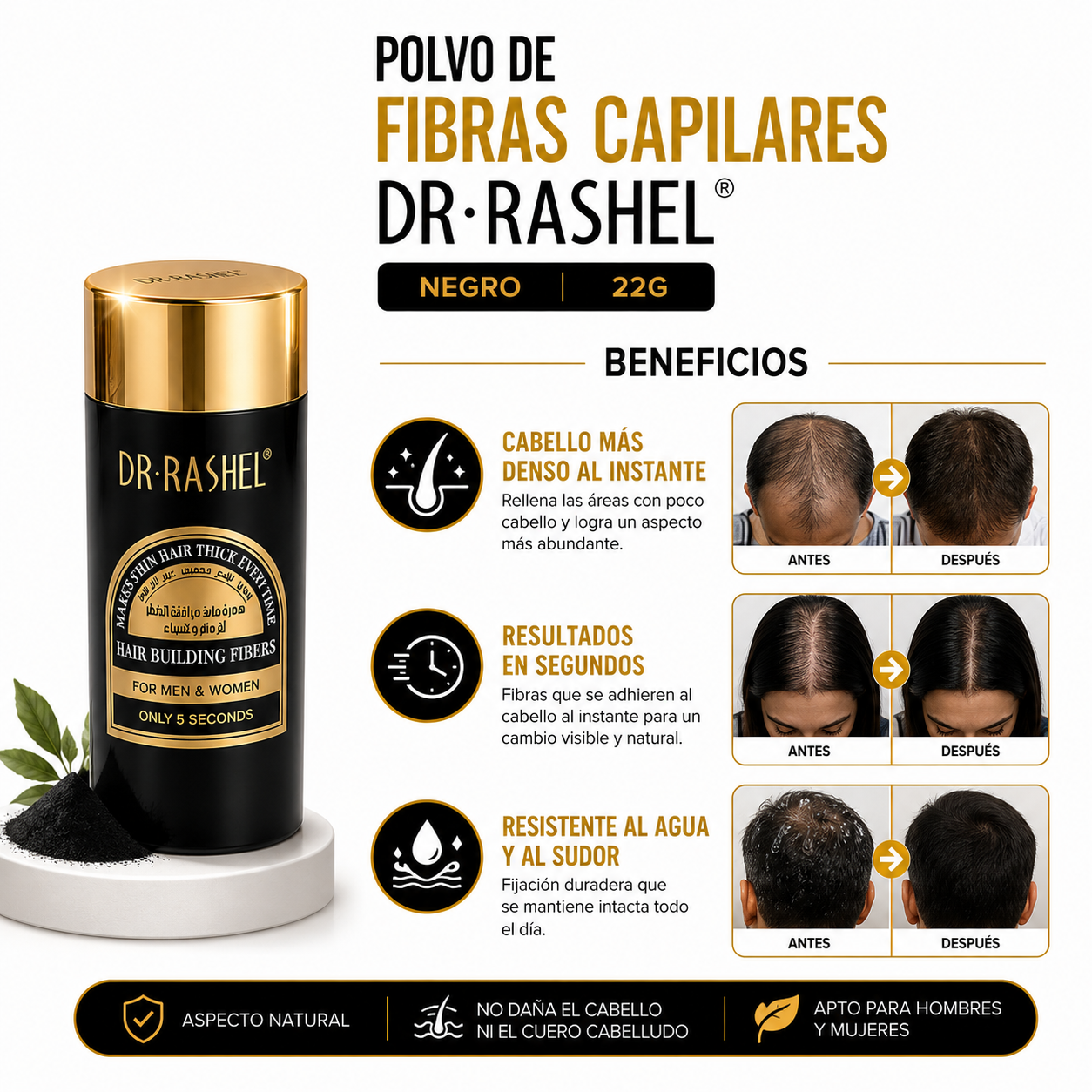 POLVO DE FIBRAS CAPILARES NEGRO 22G DR RASHEL - 2