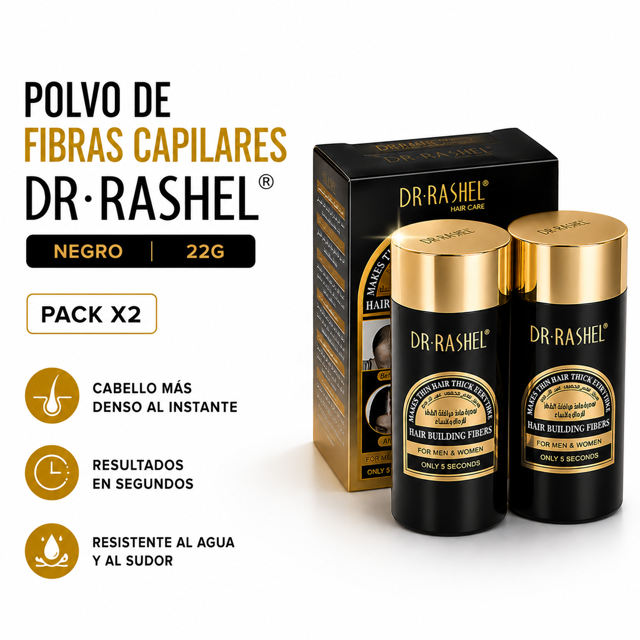 PACK 2 POLVO DE FIBRAS CAPILARES NEGRO 22G DR RASHEL - 1