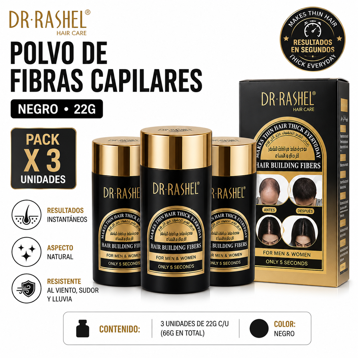 PACK 3 POLVO DE FIBRAS CAPILARES NEGRO 22G DR RASHEL - 1