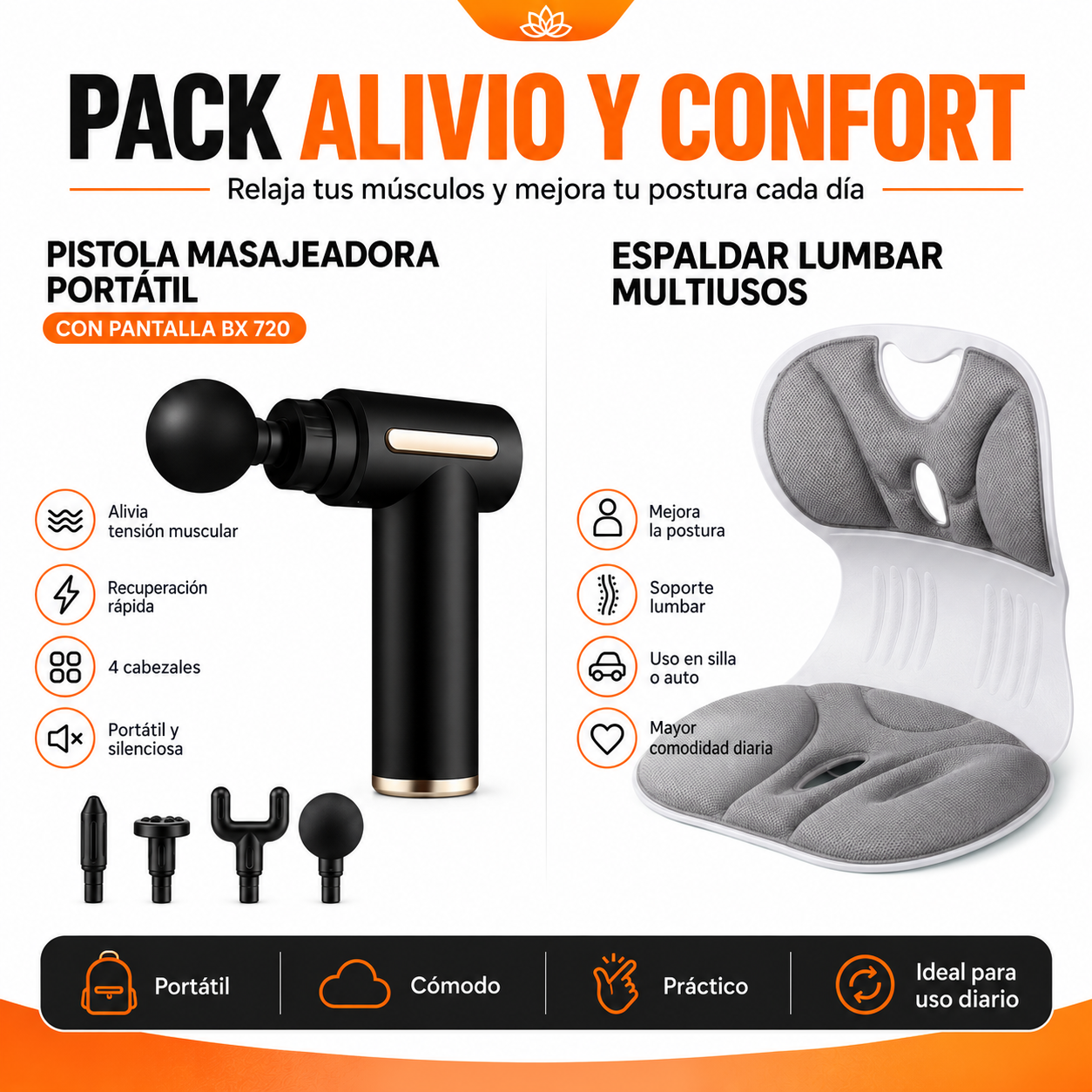 PACK PISTOLA MASAJEADORA 720 Y ESPALDAR LUMBAR MULTIUSOS - 1