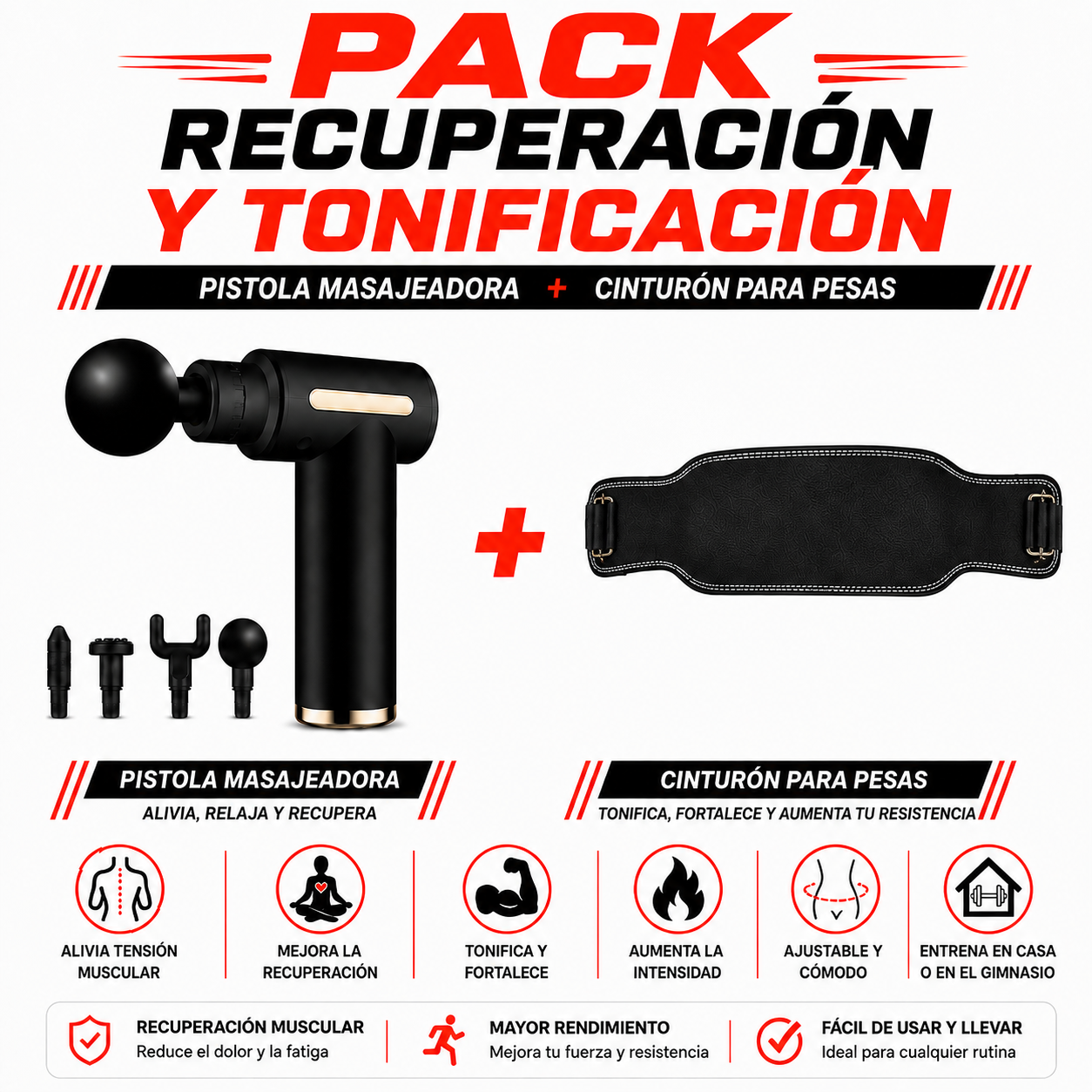 PACK PISTOLA MASAJEADORA 720 Y CINTURON PARA PESAS - 1