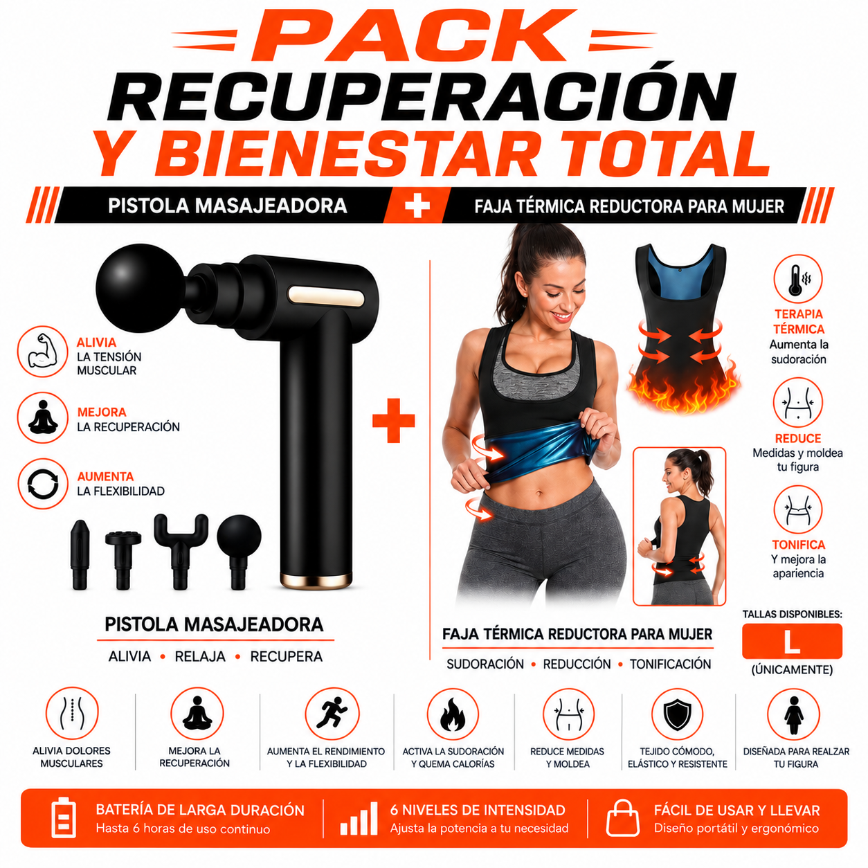 PACK PISTOLA MASAJEADORA 720 Y FAJA REDUCTORA TERMICA PARA MUJER L - 1