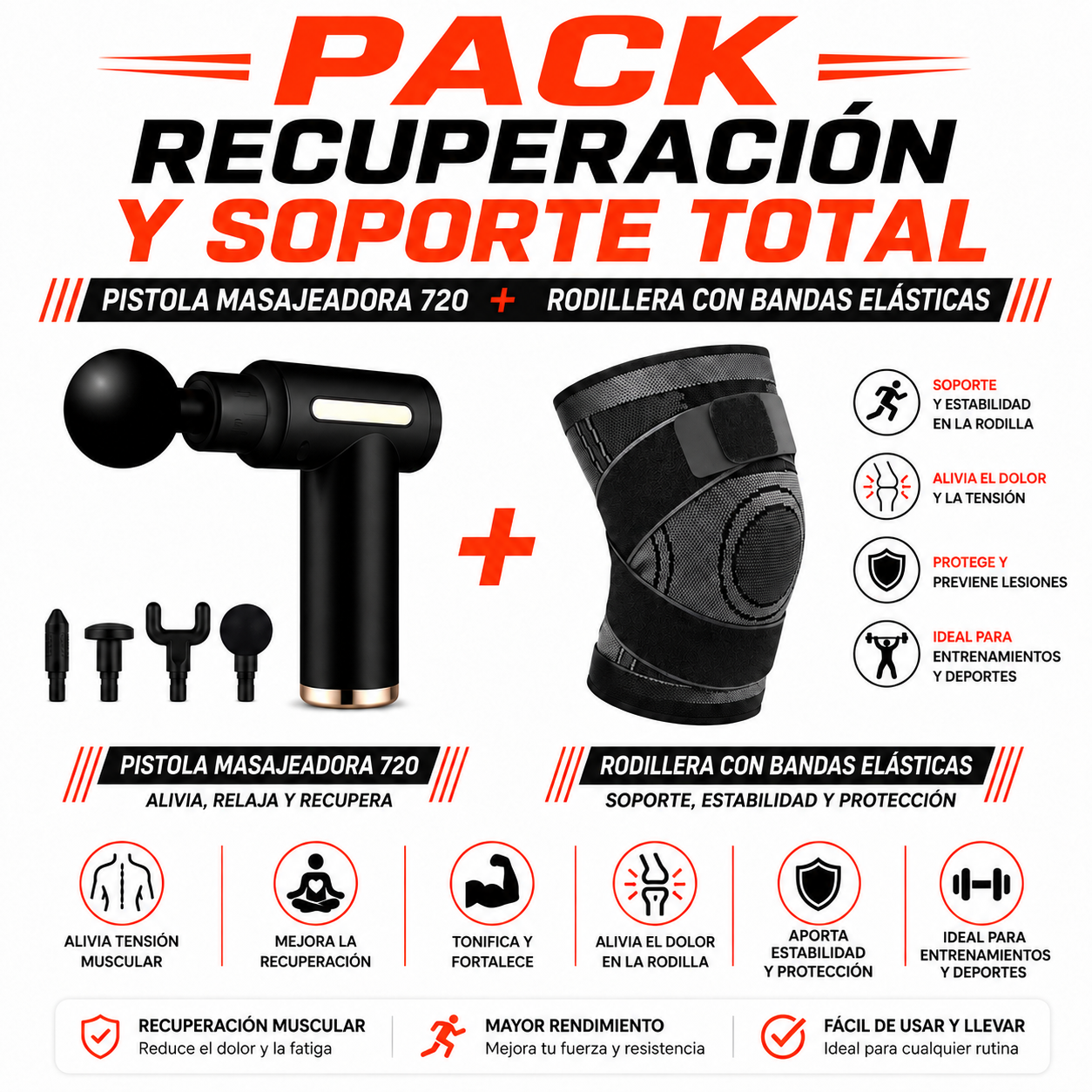 PACK PISTOLA MASAJEADORA 720 Y RODILLERA CON BANDAS ELASTICAS - 1