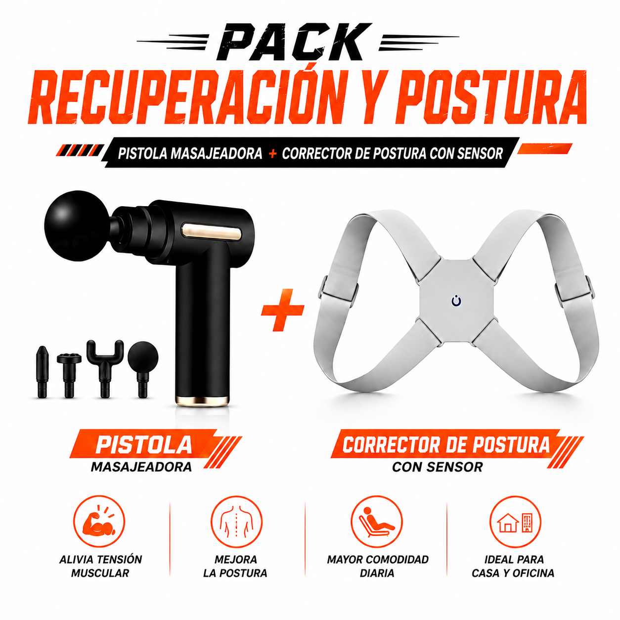 PACK PISTOLA MASAJEADORA 720 Y CORRECTOR DE POSTURA CON SENSOR - 1
