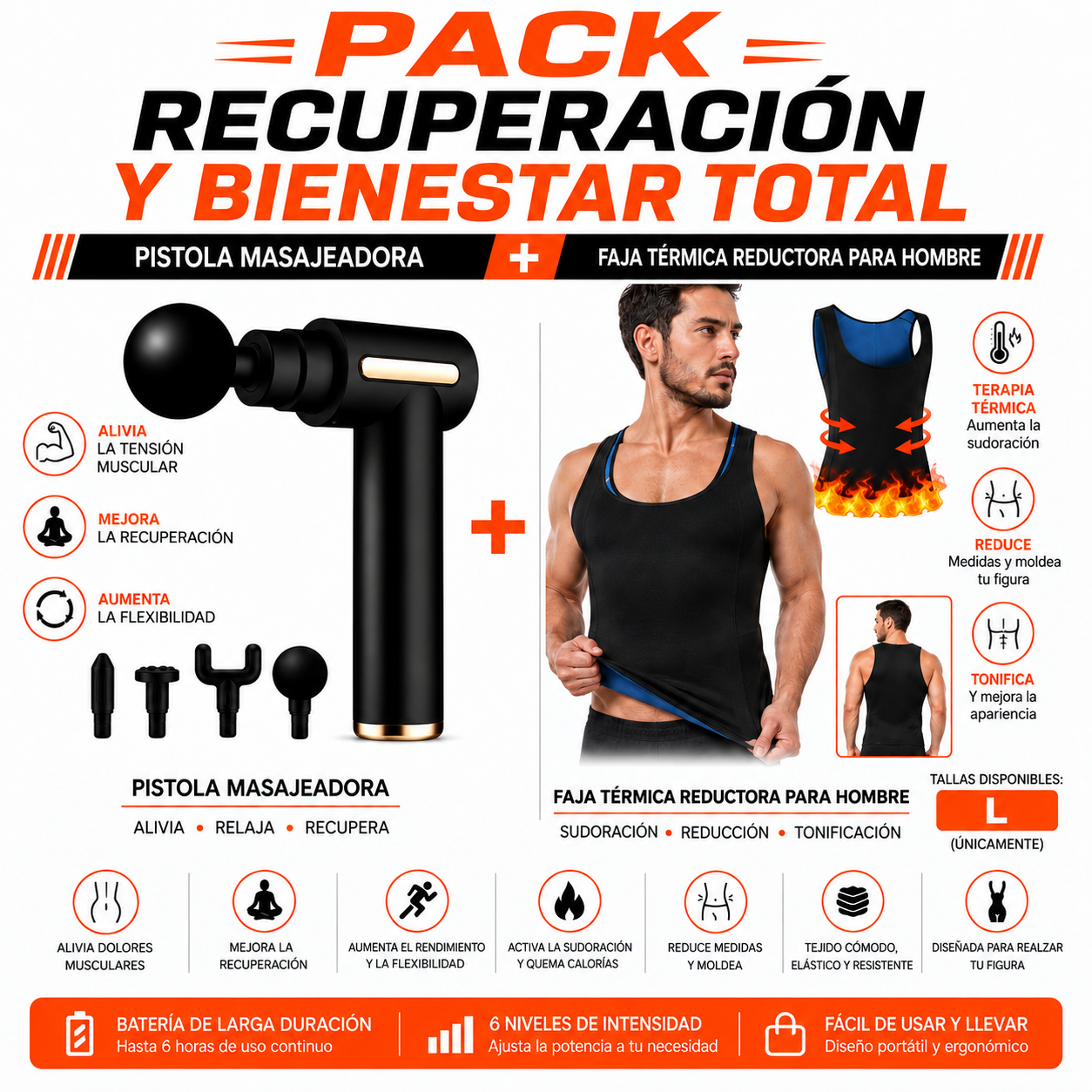 PACK PISTOLA MASAJEADORA 720 Y FAJA TERMICA REDUCTORA PARA HOMBRE L - 1
