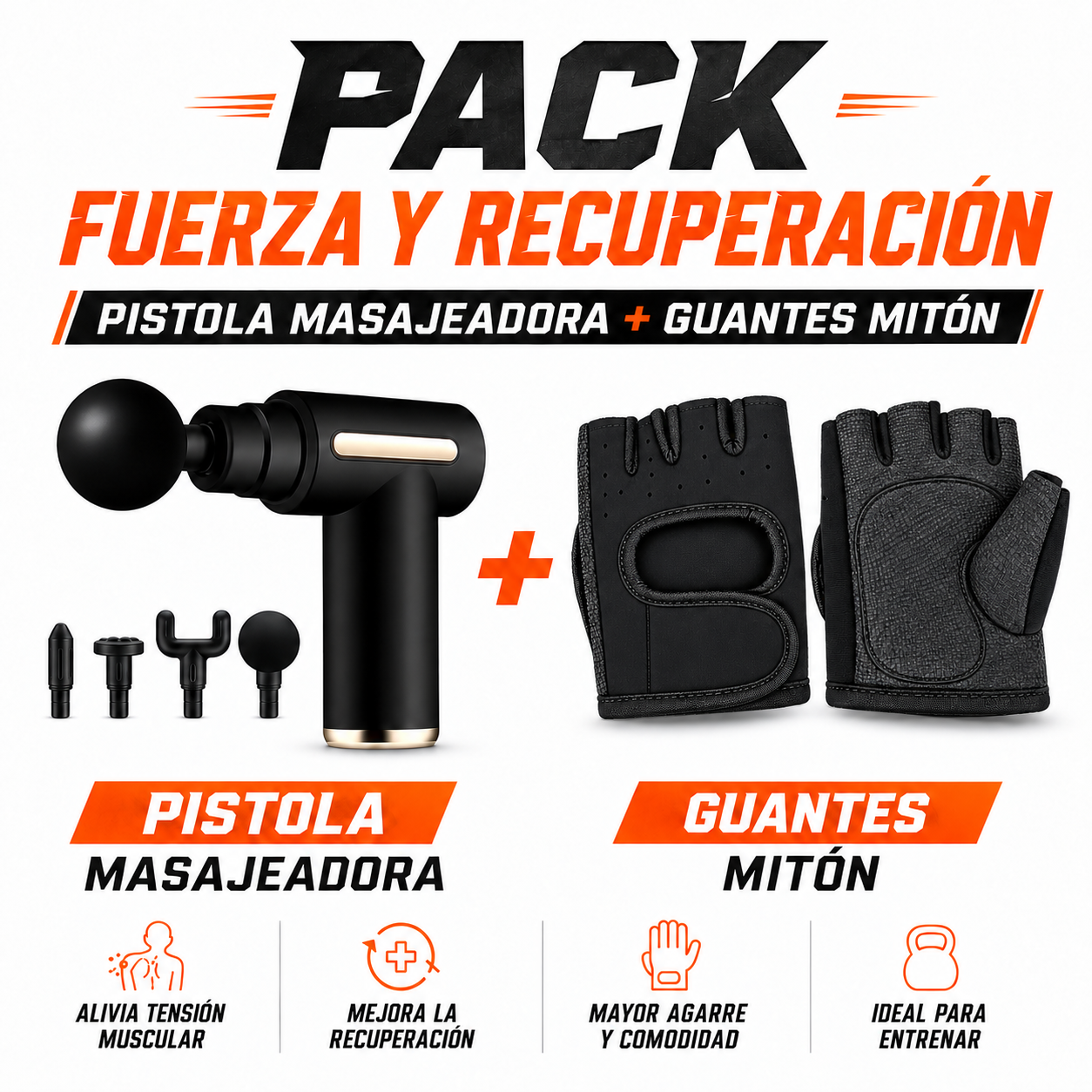 PACK PISTOLA MASAJEADORA 720 Y GUANTES DEPORTIVOS DE MITON - 1