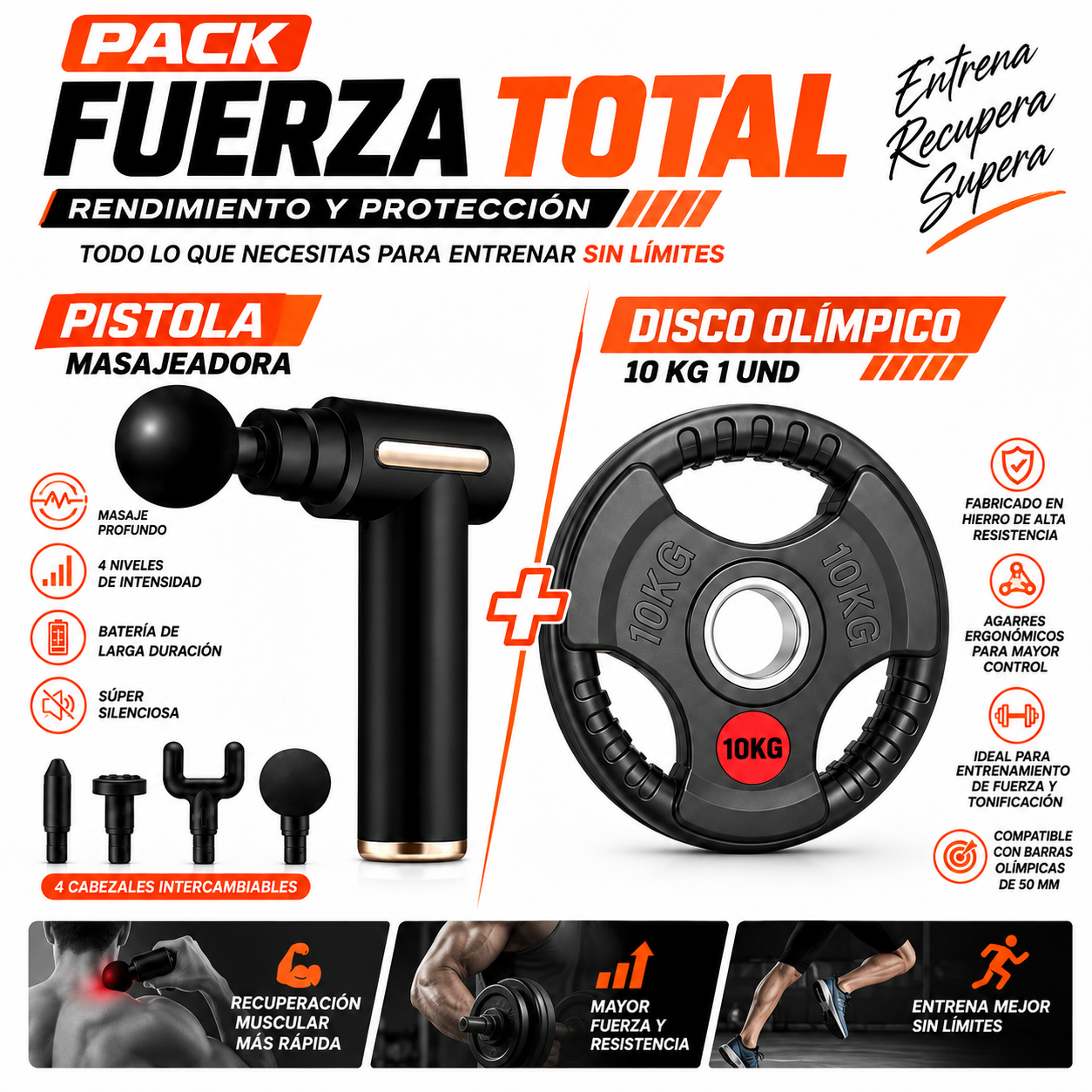PACK PISTOLA MASAJEADORA 720 Y DISCOS OLIMPICOS DE 10KG - 1