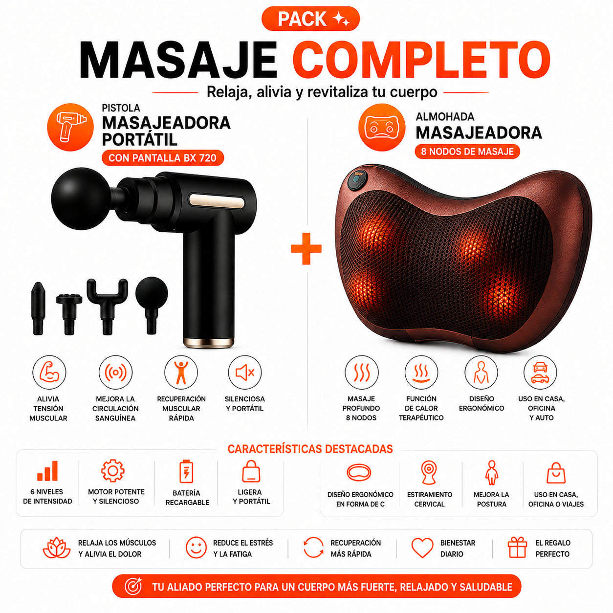 PACK PISTOLA MASAJEADORA 720 Y ALMOHADA MASAJEADORA - 1