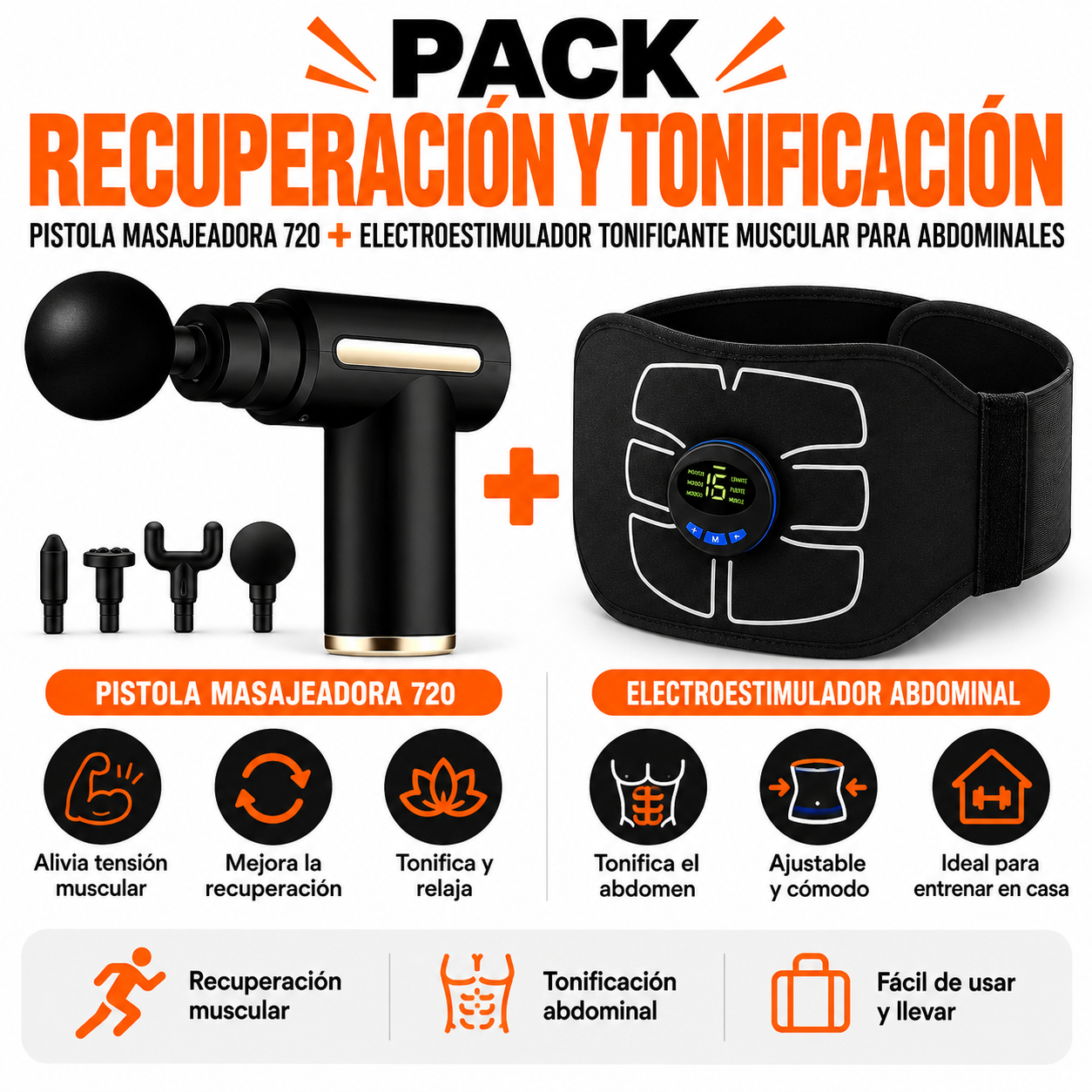 PACK DE PISTOLA MASAJEADORA 720 Y ELECTROESTIMULADOR TONIFICANTE PARA ABDOMINALES - 1