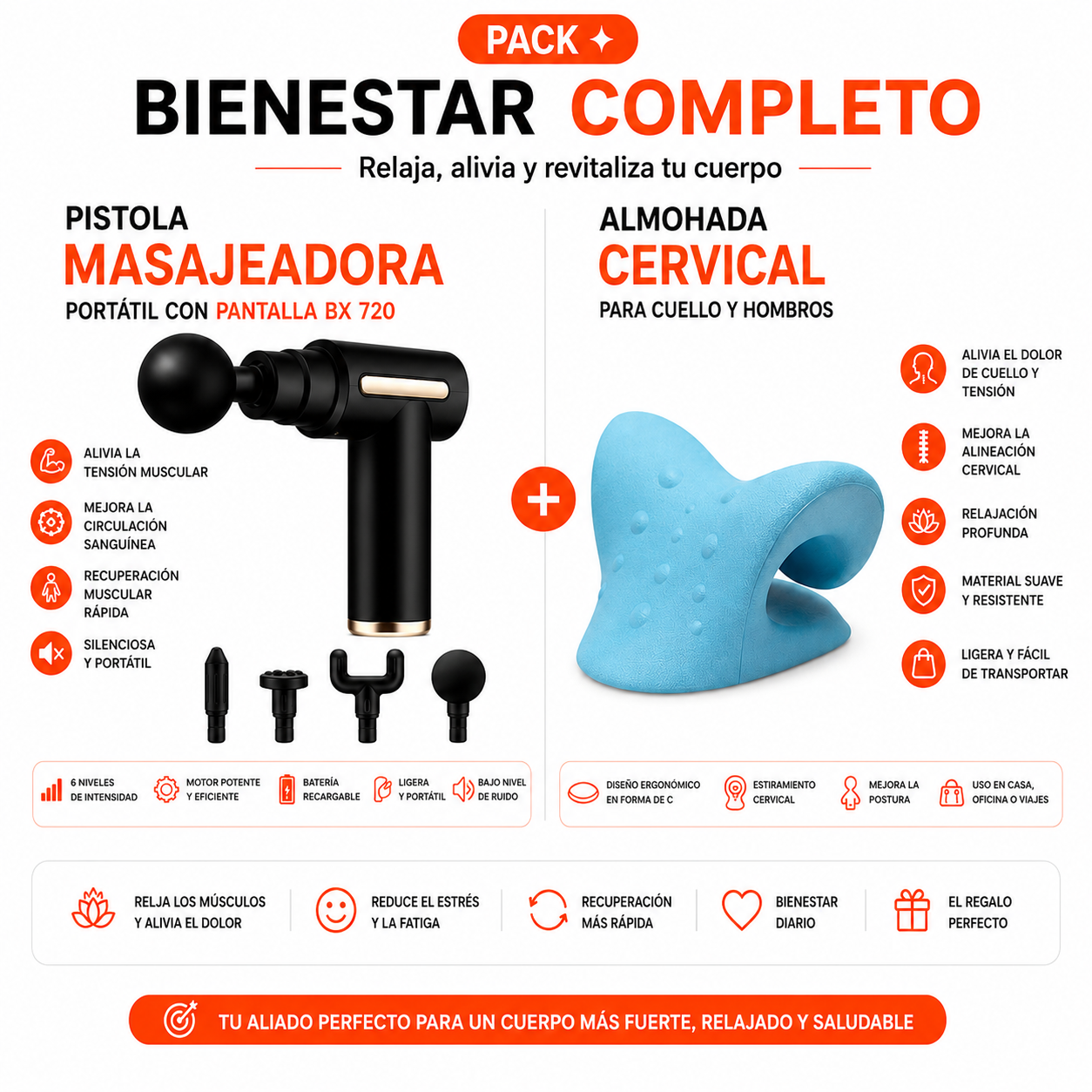 PACK PISTOLA MASAJEADORA 720 Y ALMOHADA CERVICAL - 1