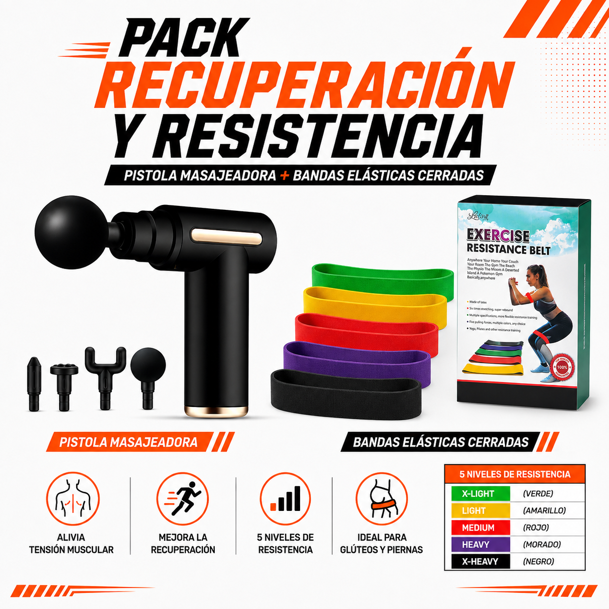 PACK PISTOLA MASAJEADORA 720 Y BANDAS ELASTICAS CERRADA - 1
