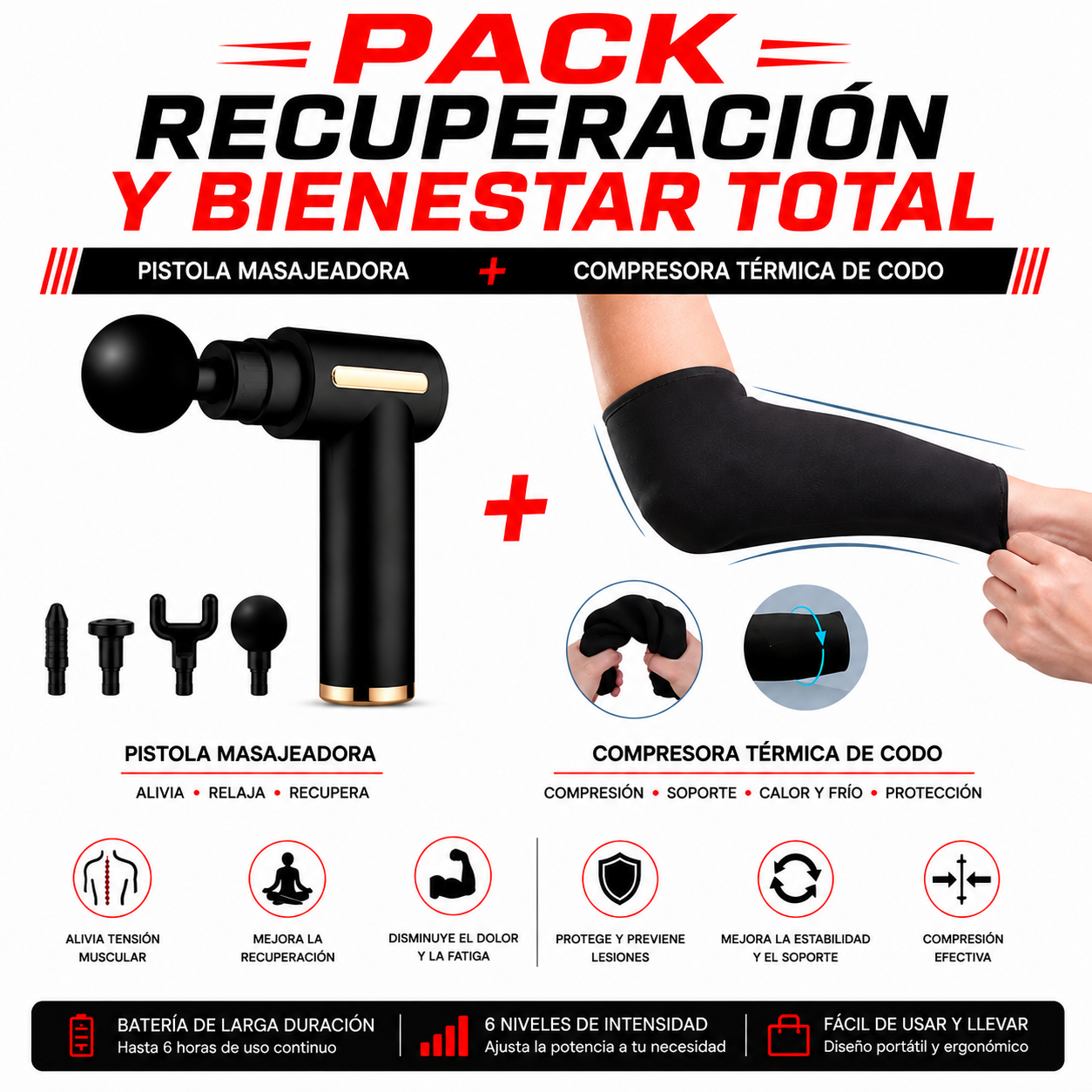 PACK PISTOLA MASAJEADORA 720 Y COMPRESORA TERMICA DE CODO - 1