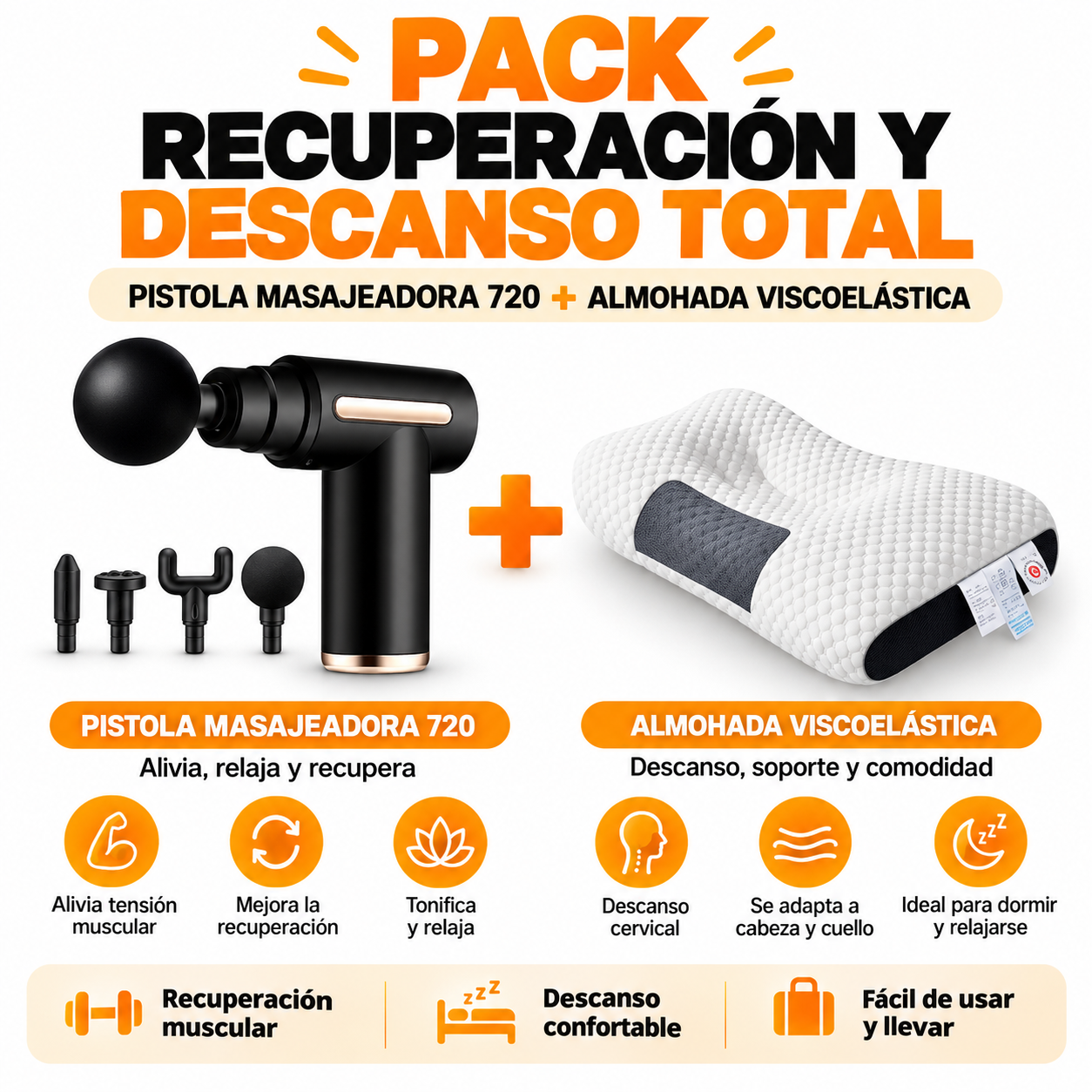 PACK DE PISTOLA MASAJEADORA 720 Y ALMOHADA VISCOELASTICA - 1