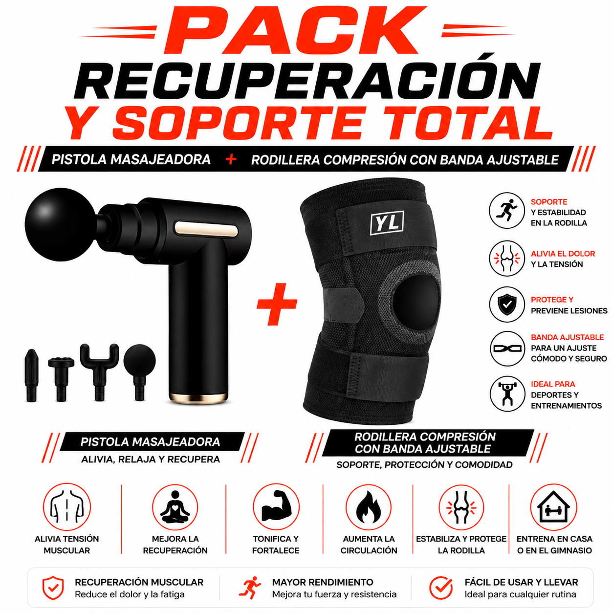 PACK PISTOLA MASAJEADORA 720 Y RODILLERA DE COMPRESION CON BANDA AJUSTABLE - 1