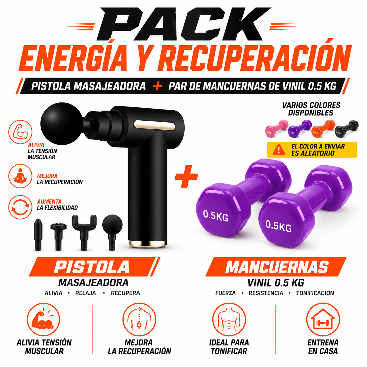 PACK PISTOLA MASAJEADORA 720 Y MANCUERNA VINIL 0.5KG - 1