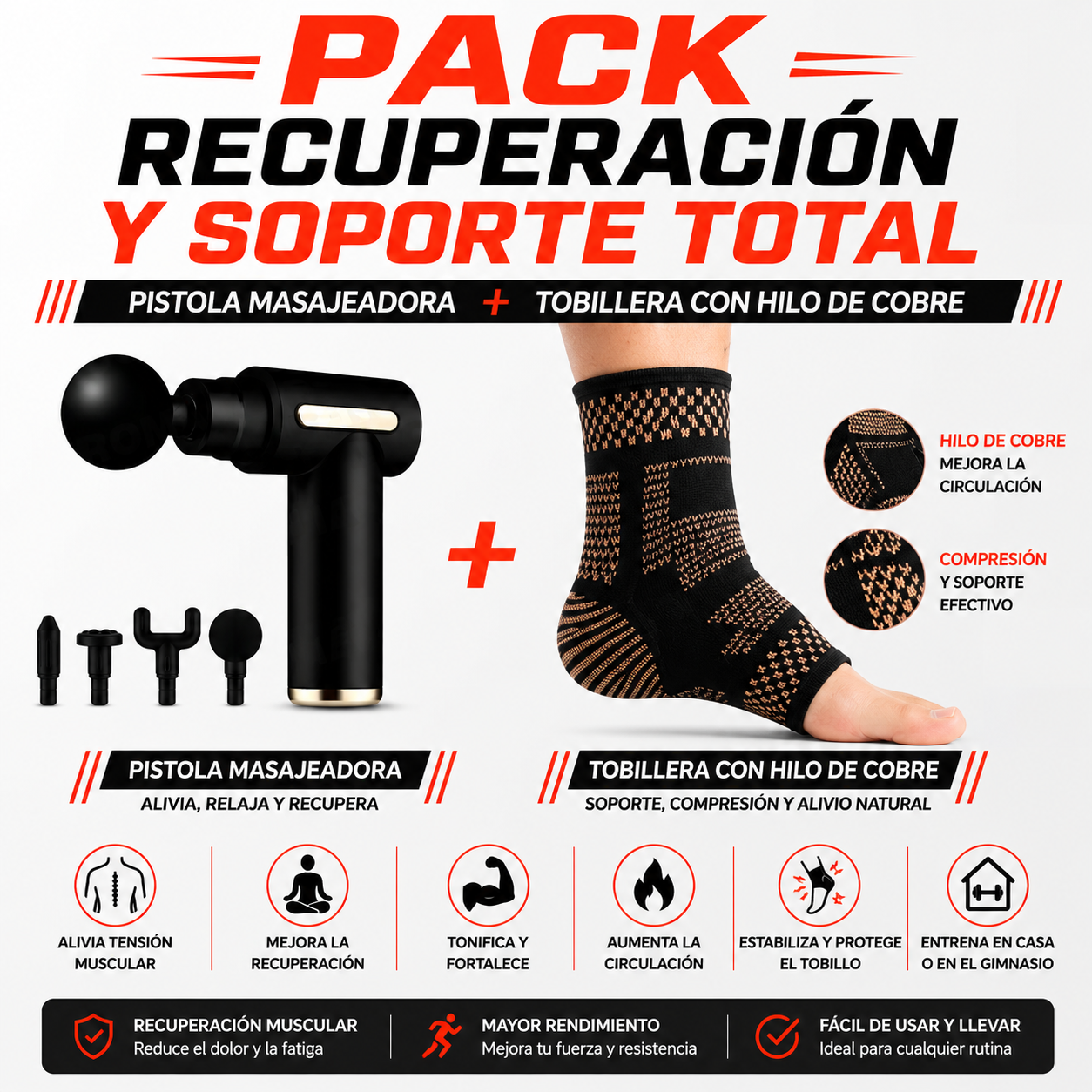 PACK PISTOLA MASAJEADORA 720 Y TOBILLERA CON HILO DE COBRE - 1