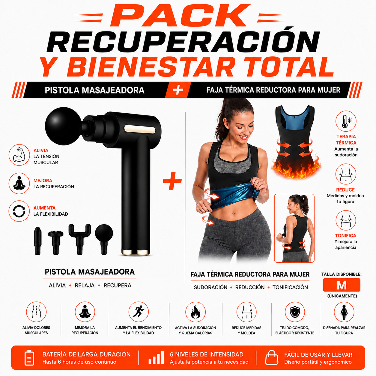 PACK PISTOLA MASAJEADORA 720 Y FAJA REDUCTORA TERMICA PARA MUJER M - 1