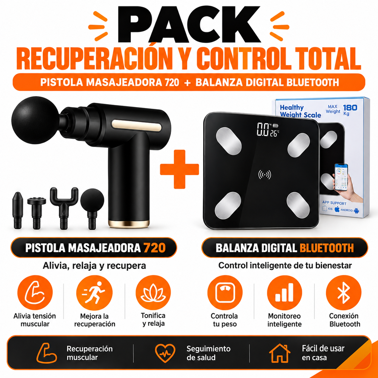PACK DE PISTOLA MASAJEADORA 720 Y BALANZA DIGITAL BLUETOOTH - 1