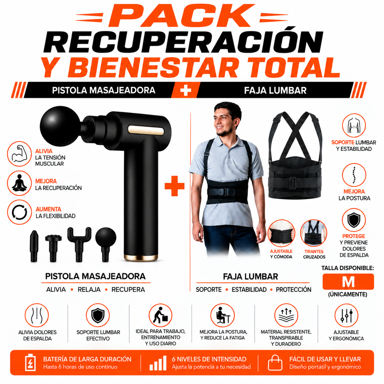 PACK PISTOLA MASAJEADORA 720 Y FAJA LUMBAR M - 1