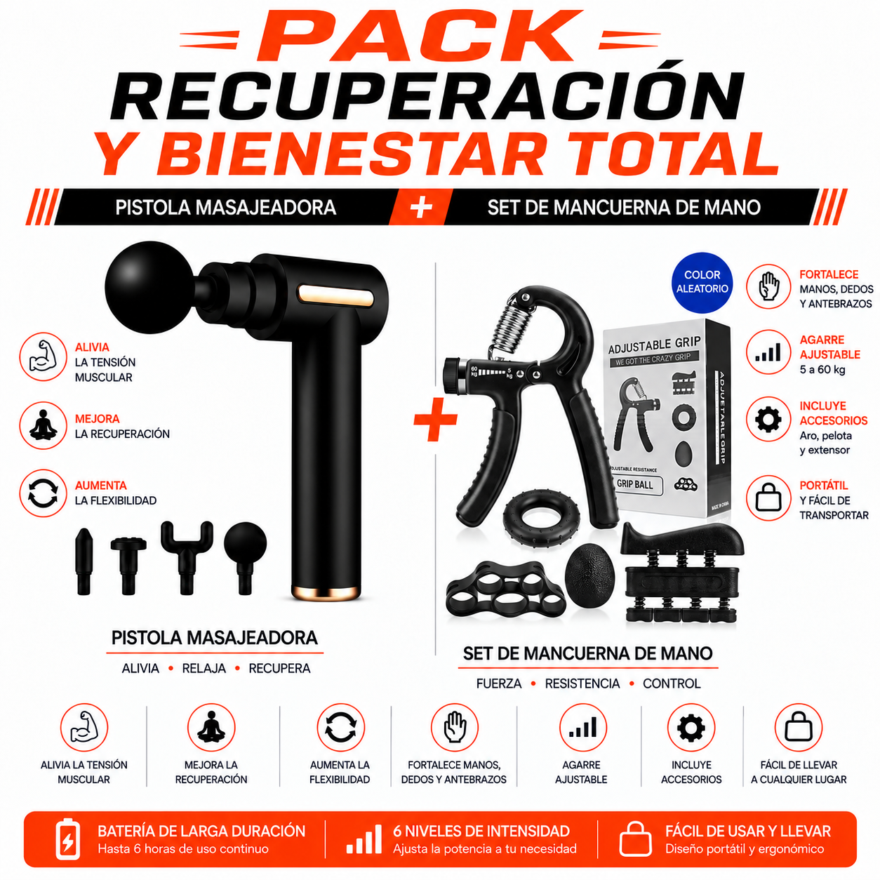 PACK PISTOLA MASAJEADORA 720 Y SET MANCUERNA DE MANO - 1