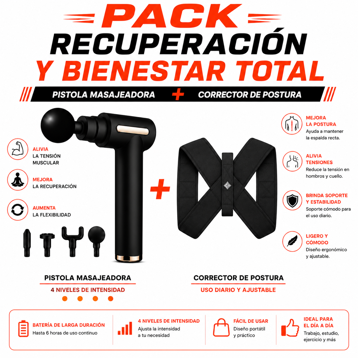 PACK PISTOLA MASAJEADORA 720 Y CORRECTOR DE POSTURA - 1