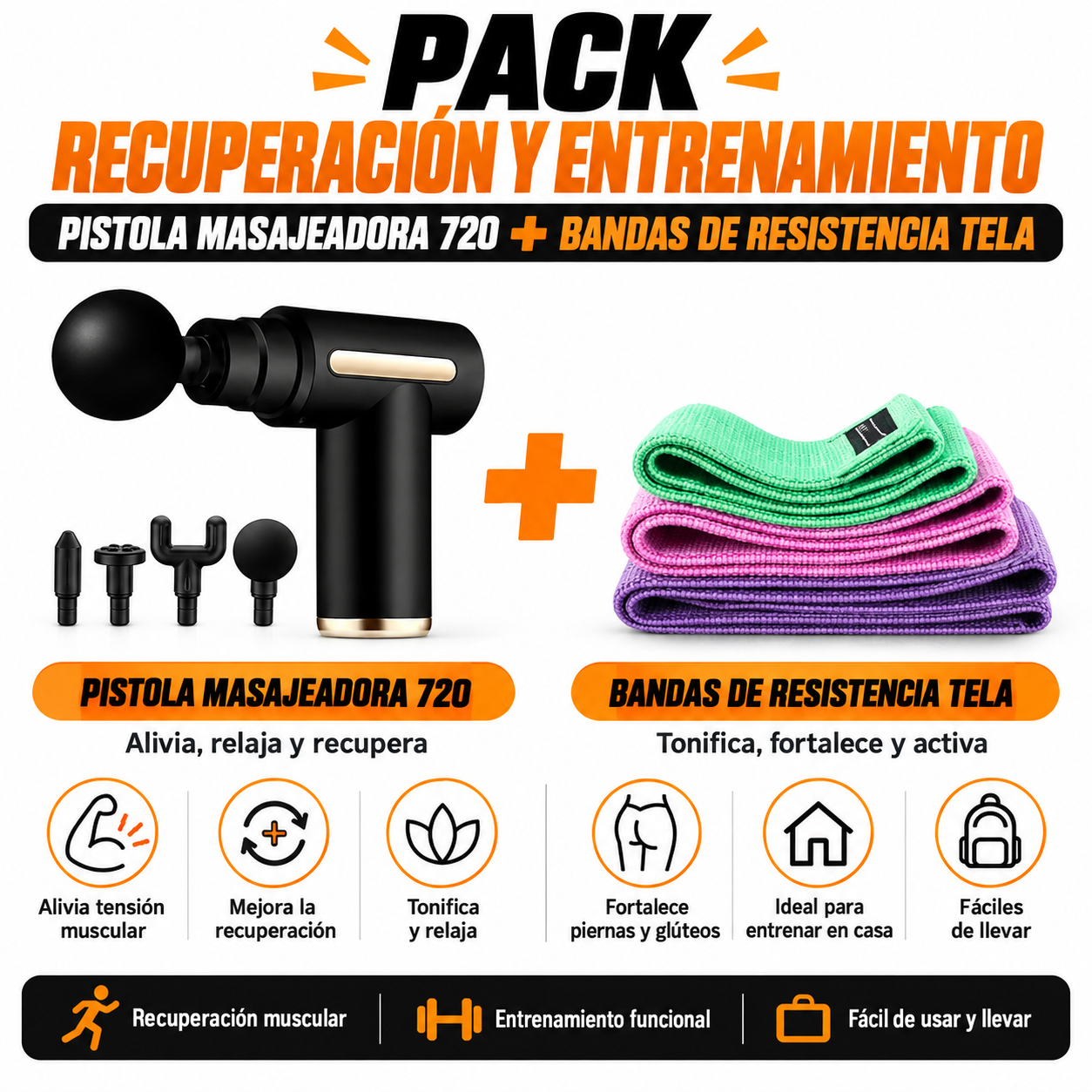 PACK DE PISTOLA MASAJEADORA 720 Y BANDAS DE RESISTENCIA TELA - 1