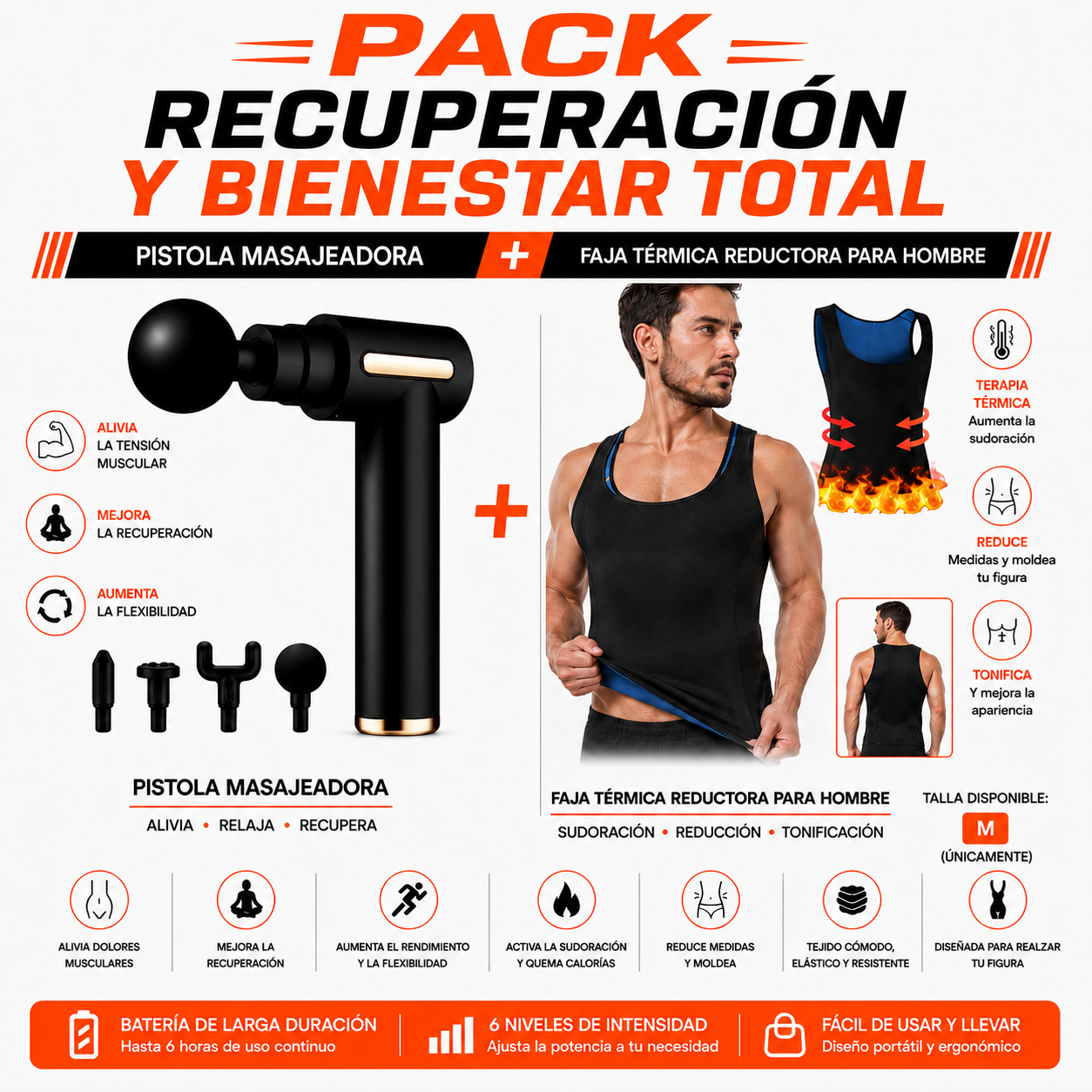 PACK PISTOLA MASAJEADORA 720 Y FAJA TERMICA REDUCTORA PARA HOMBRE M - 1