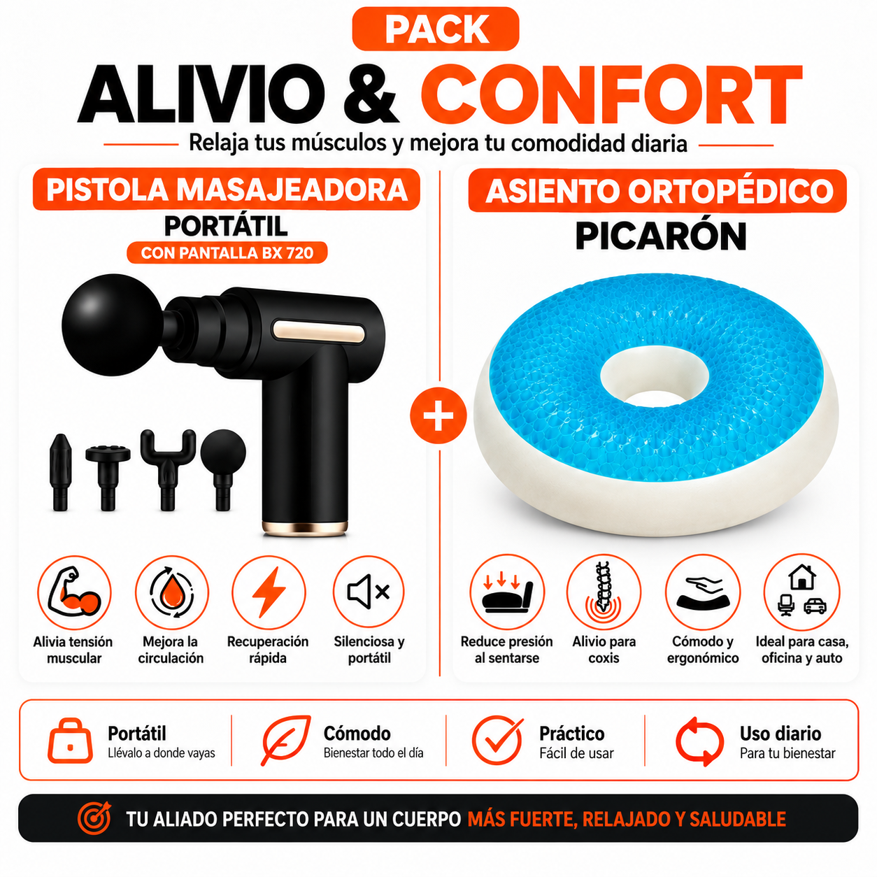 PACK PISTOLA MASAJEADORA 720 Y ASIENTO ORTOPEDICO PICARON - 1