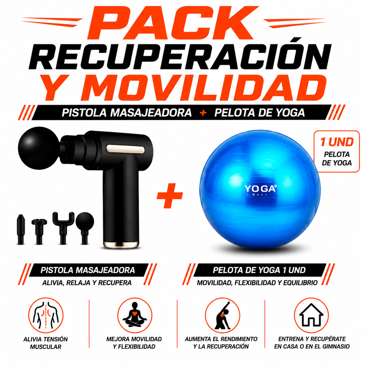 PACK PISTOLA MASAJEADORA 720 Y PELOTA PARA YOGA 65CM - 1