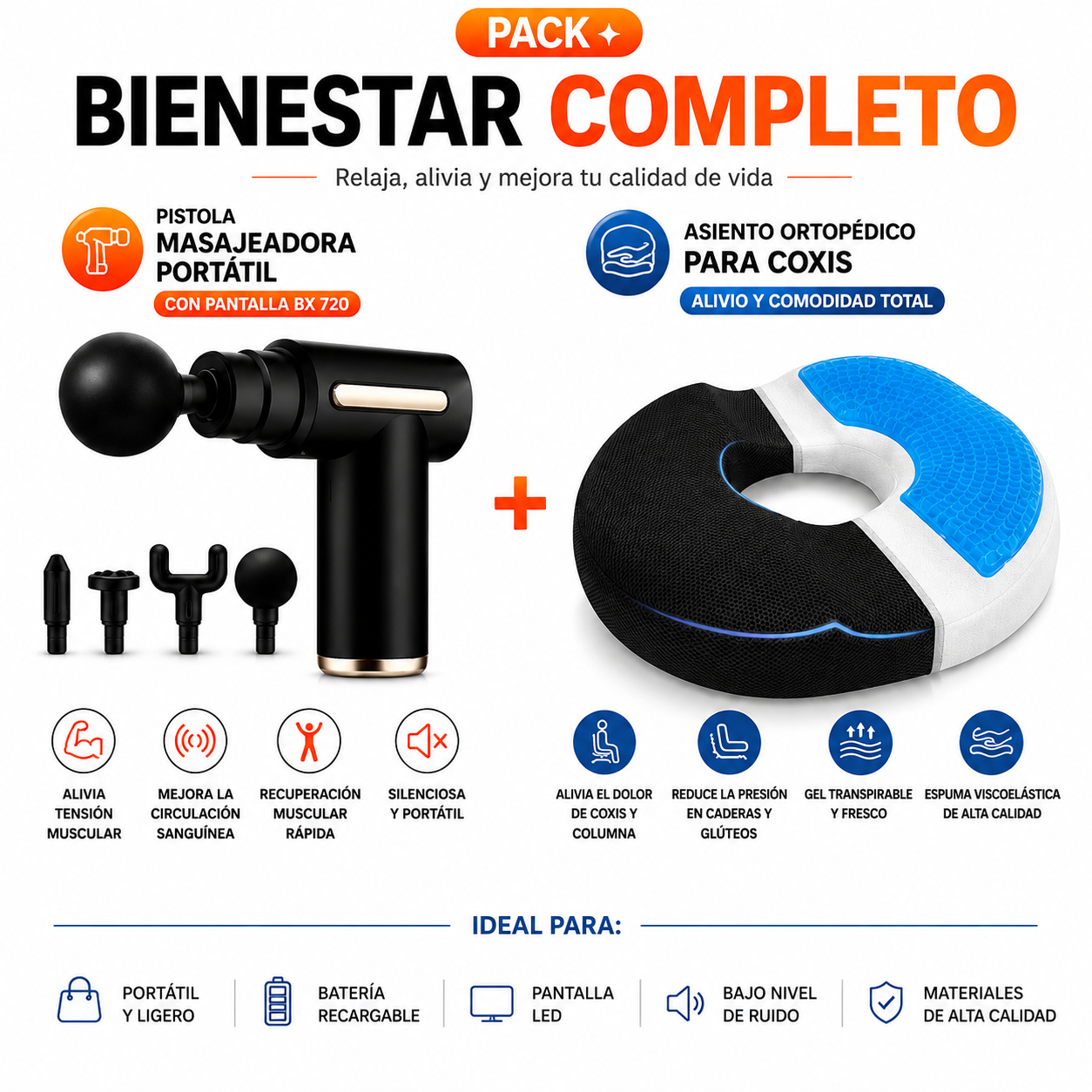 PACK PISTOLA MASAJEADORA 720 Y ASIENTO ORTOPEDICO PARA COXIS - 1