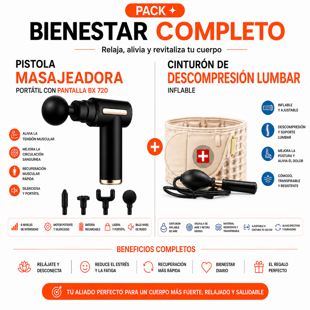 PACK PISTOLA MASAJEADORA 720 Y CINTURON DE COMPRESION LUMBAR - 1