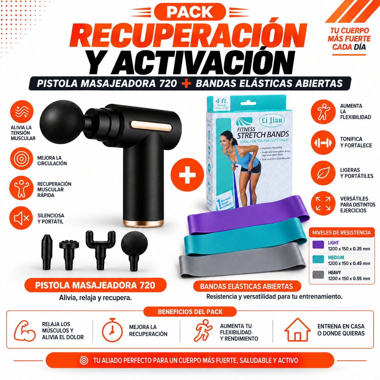 PACK PISTOLA MASAJEADORA 720 Y BANDAS ELASTICAS ABIERTAS - 1