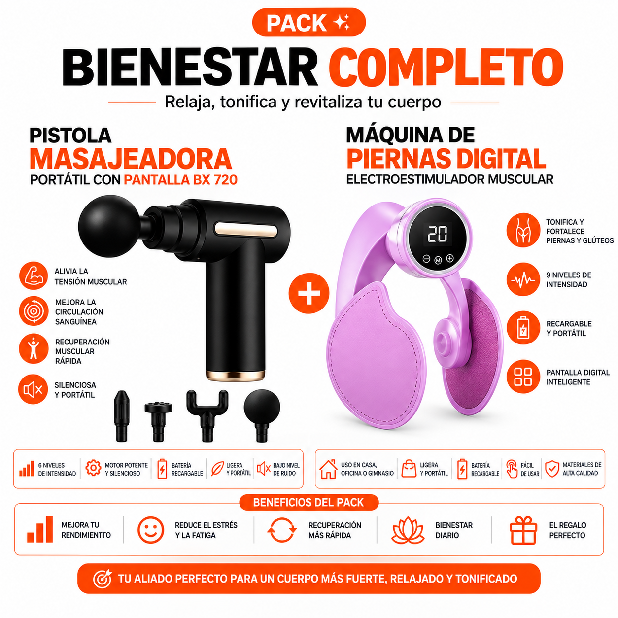 PACK PISTOLA MASAJEADORA 720 Y MAQUINA PARA PIERNAS DIGITAL - 1