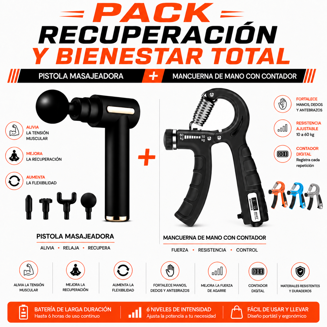 PACK PISTOLA MASAJEADORA 720 Y MANCUERNA DE MANO CON CONTADOR - 1