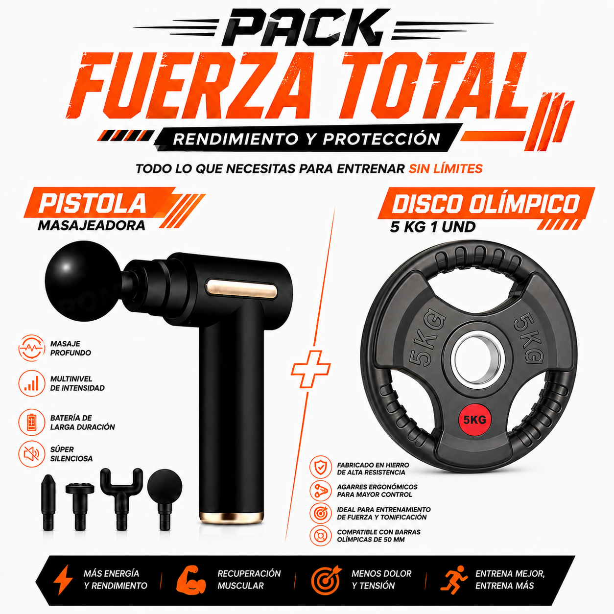 PACK PISTOLA MASAJEADORA 720 Y DISCOS OLIMPICOS DE 5KG - 1