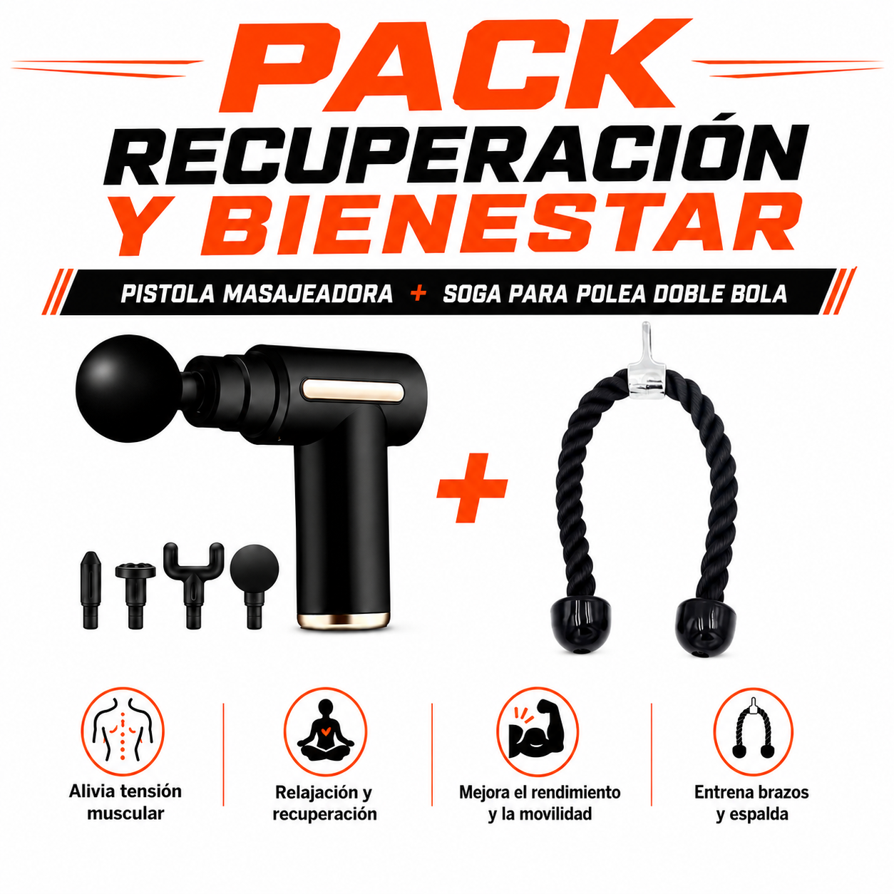 PACK PISTOLA MASAJEADORA 720 Y SOGA PARA POLEA DOBLE BOLA - 1