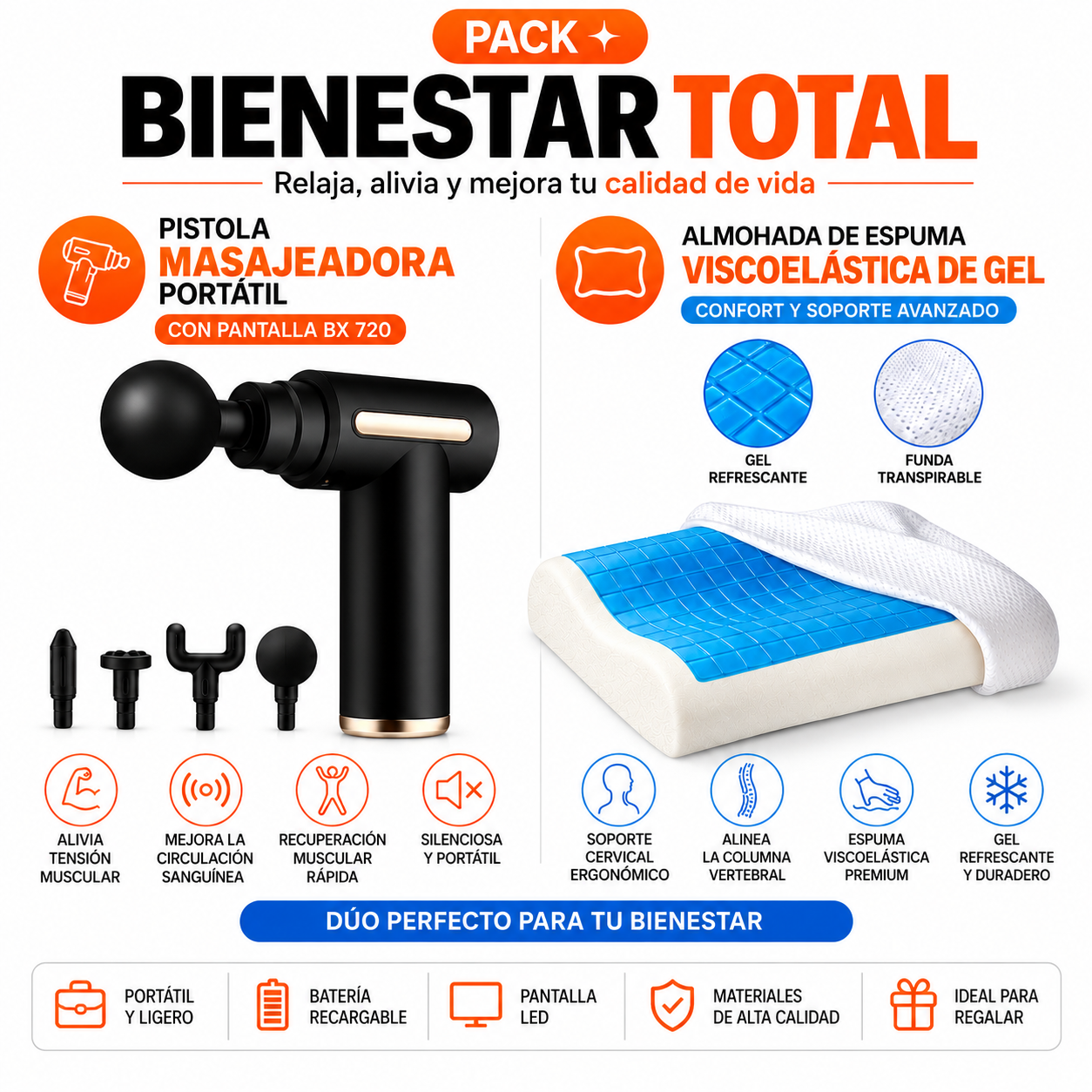 PACK PISTOLA MASAJEADORA 720 Y ALMOHADA DE ESPUMA VISCOELÁSTICA DE GEL - 1