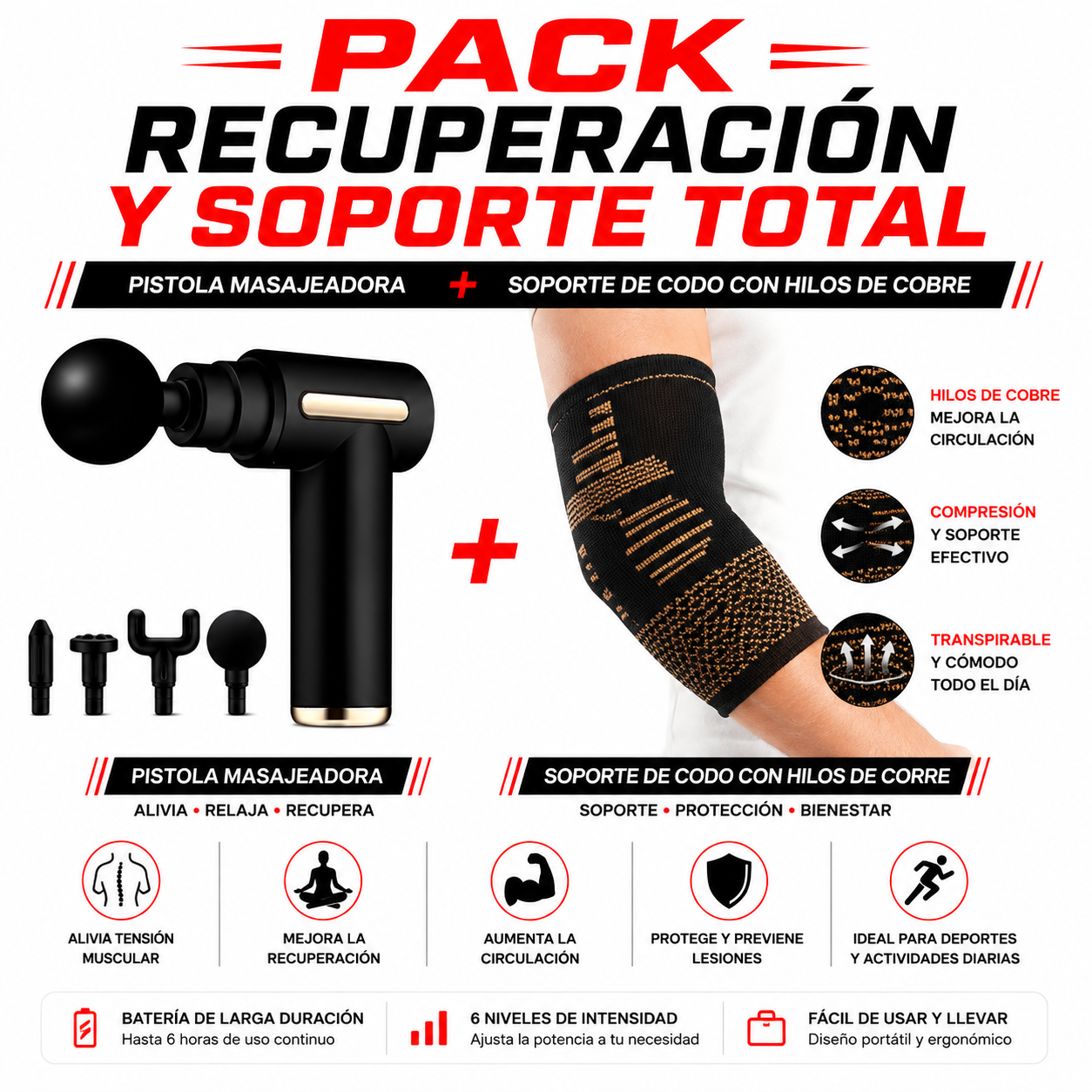 PACK PISTOLA MASAJEADORA 720 Y SOPORTE DE CODO CON HILO DE COBRE - 1