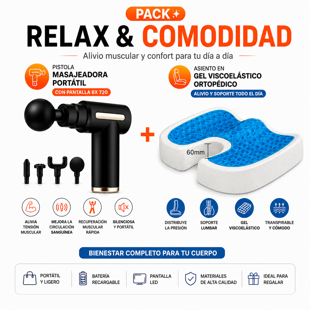 PACK PISTOLA MASAJEADORA 720 Y ASIENTO EN GEL VISCOELÁSTICO ORTOPÉDICO - 1