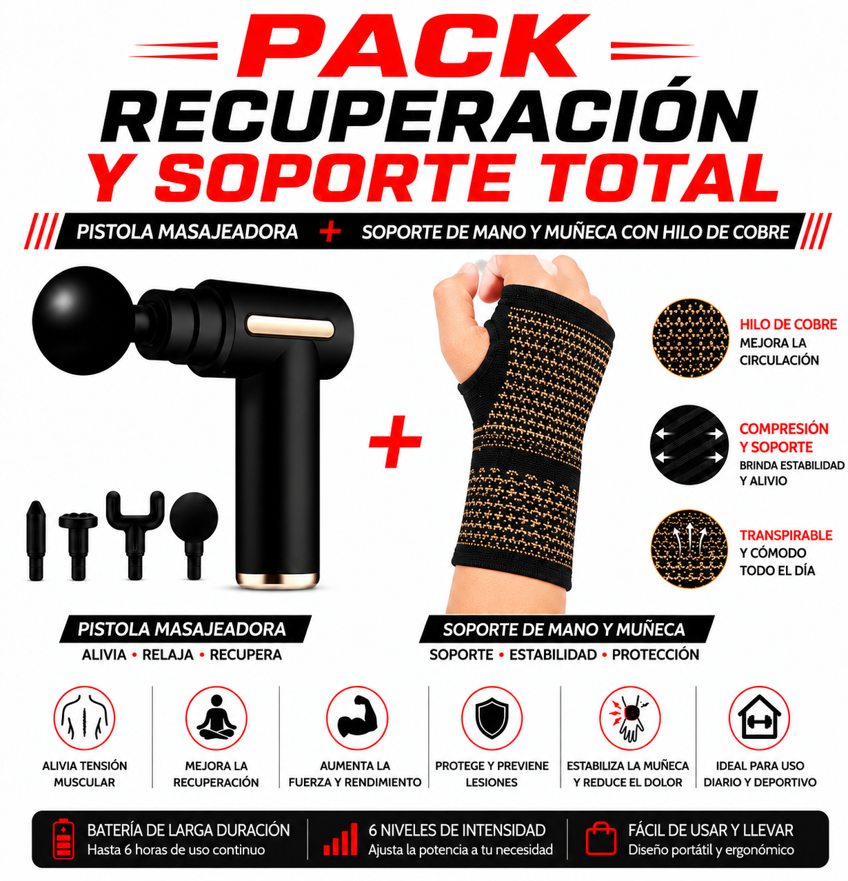 PACK PISTOLA MASAJEADORA 720 Y SOPORTE DE MANO Y MUÑECA CON HILOS DE COBRE - 1